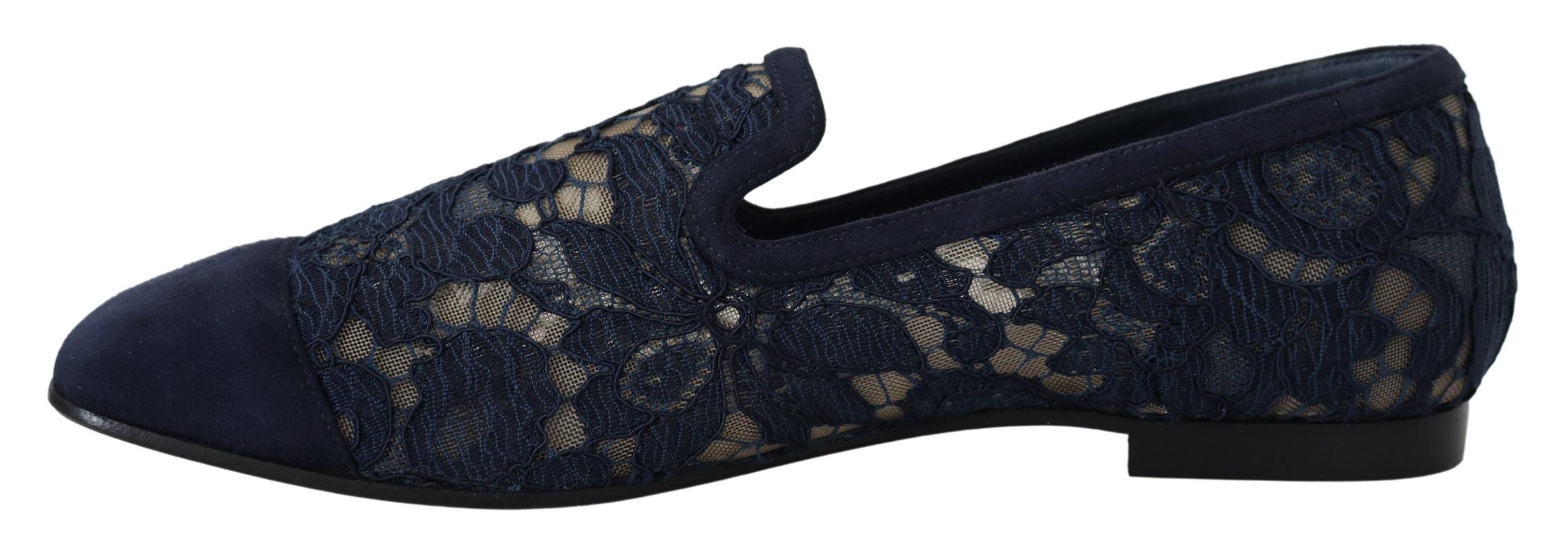 Dolce &amp; Gabbana Blue Floral Lace Slip Ons Loafers Flats Shoes