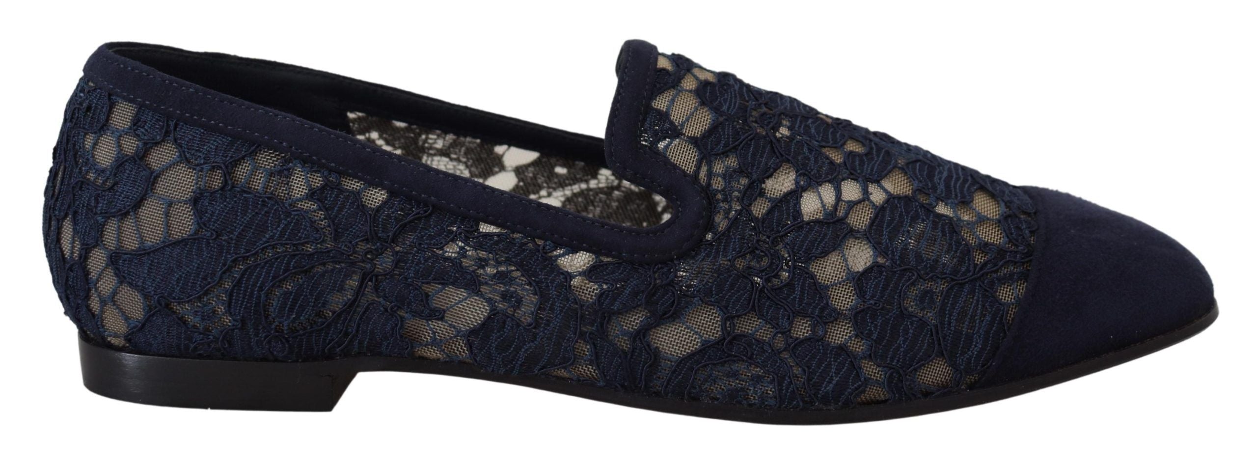 Dolce &amp; Gabbana Blue Floral Lace Slip Ons Loafers Flats Shoes