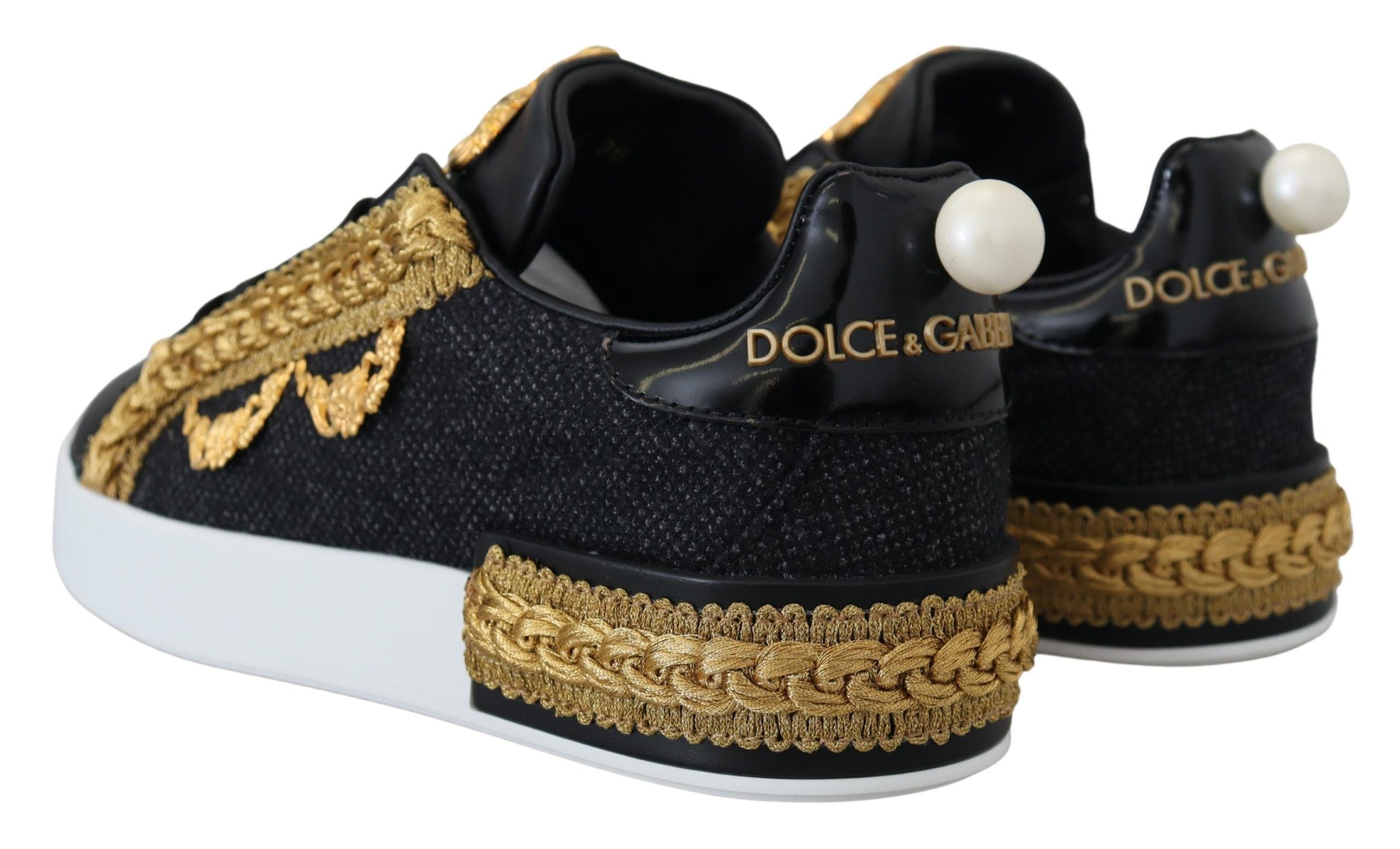 Dolce & Gabbana Schwarz Gold Barock Portofino Leder Turnschuhe Schuhe