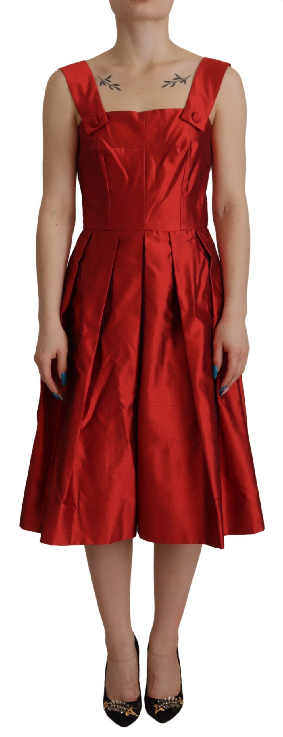 Dolce & Gabbana Rotes A-Linien-Kleid aus plissiertem Satin und Seide