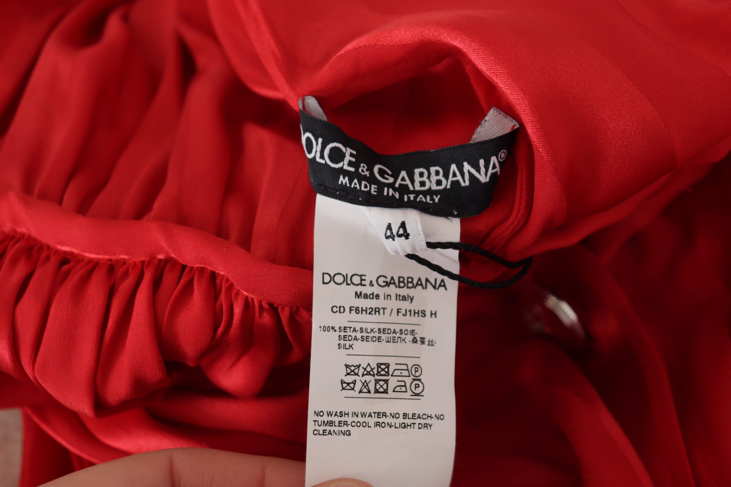 Dolce &amp; Gabbana red midi dress with belt and button placket in satin and silk