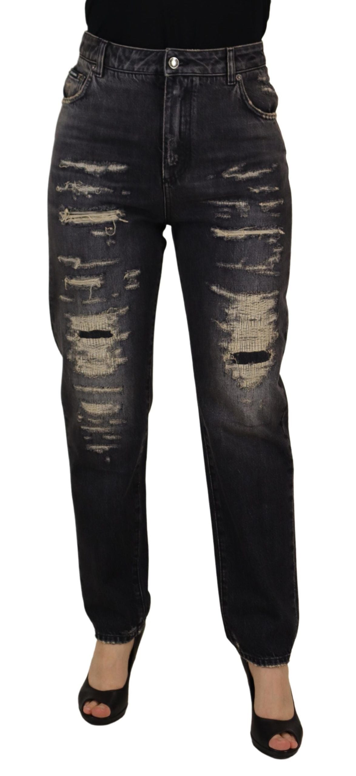 Dolce &amp; Gabbana Black washed, shredded high-waisted denim jeans