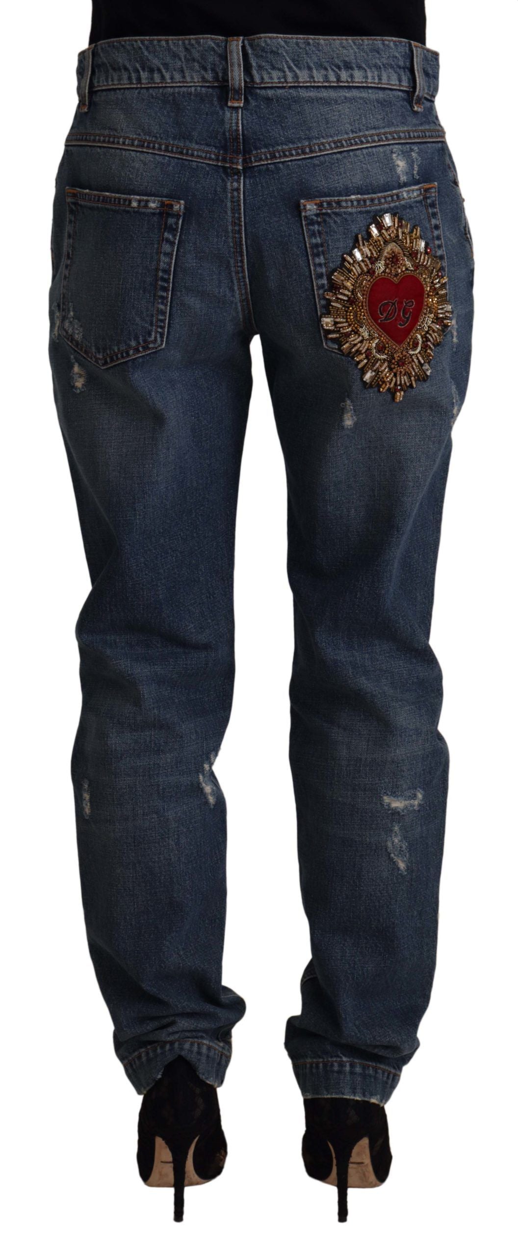 Dolce &amp; Gabbana Blue Denim Baroque Heart Logo Patch Pants Jeans