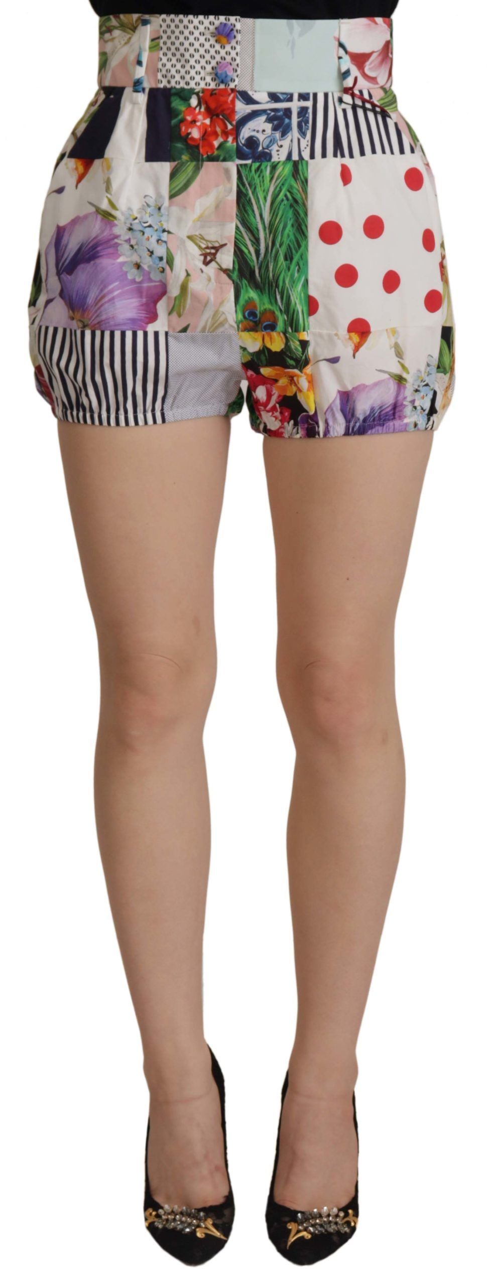 Dolce & Gabbana Multicolor Patchwork Baumwollshorts mit hoher Taille