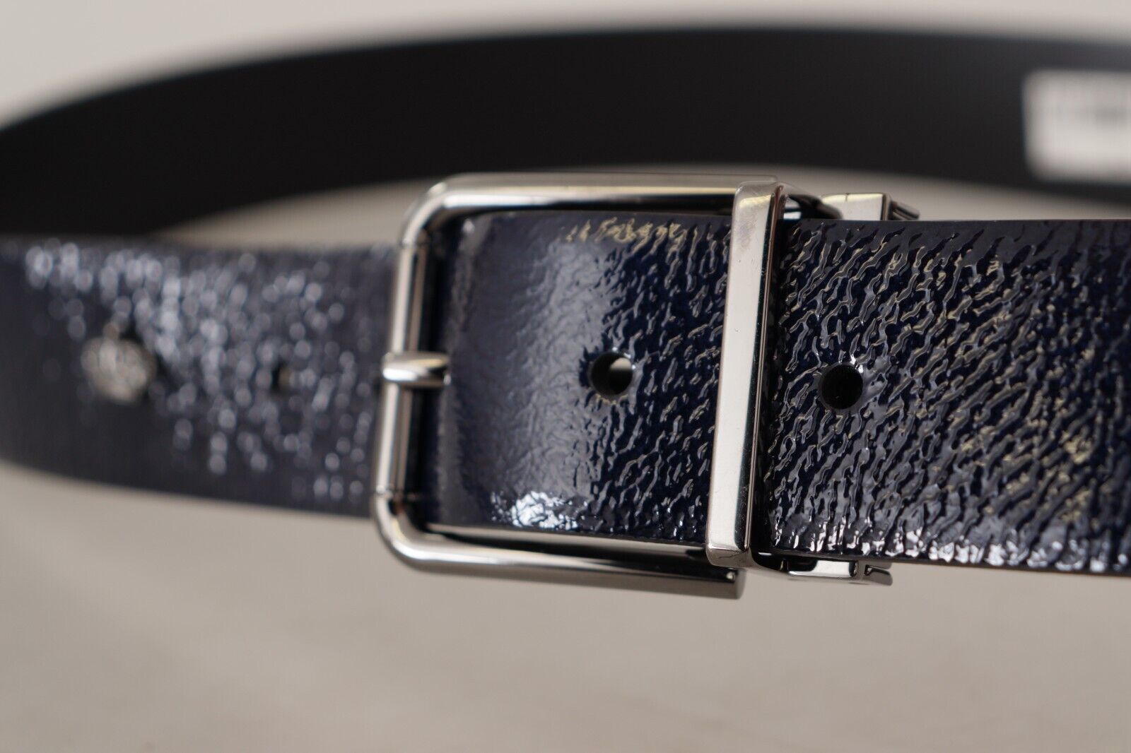 Dolce &amp; Gabbana Blue Patent Leather Vernice Silver Logo Buckle Belt