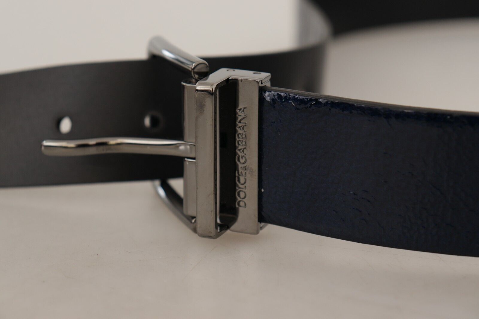 Dolce &amp; Gabbana Blue Patent Leather Vernice Silver Logo Buckle Belt