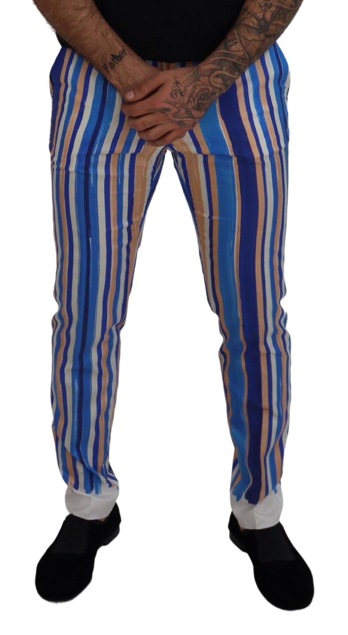 Dolce &amp; Gabbana Blue Striped Silk-Cotton Slim-Fit Trousers