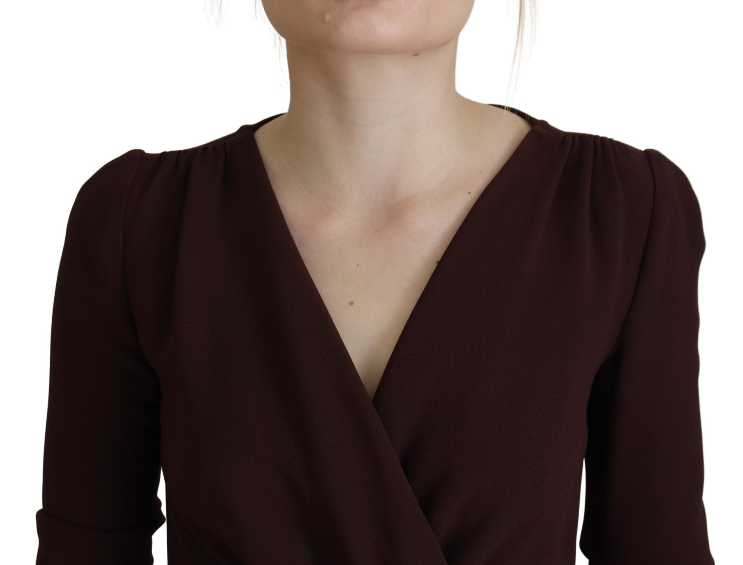 Dolce & Gabbana Braunes langärmeliges Midi-Stretch-Kleid mit Wickeloptik