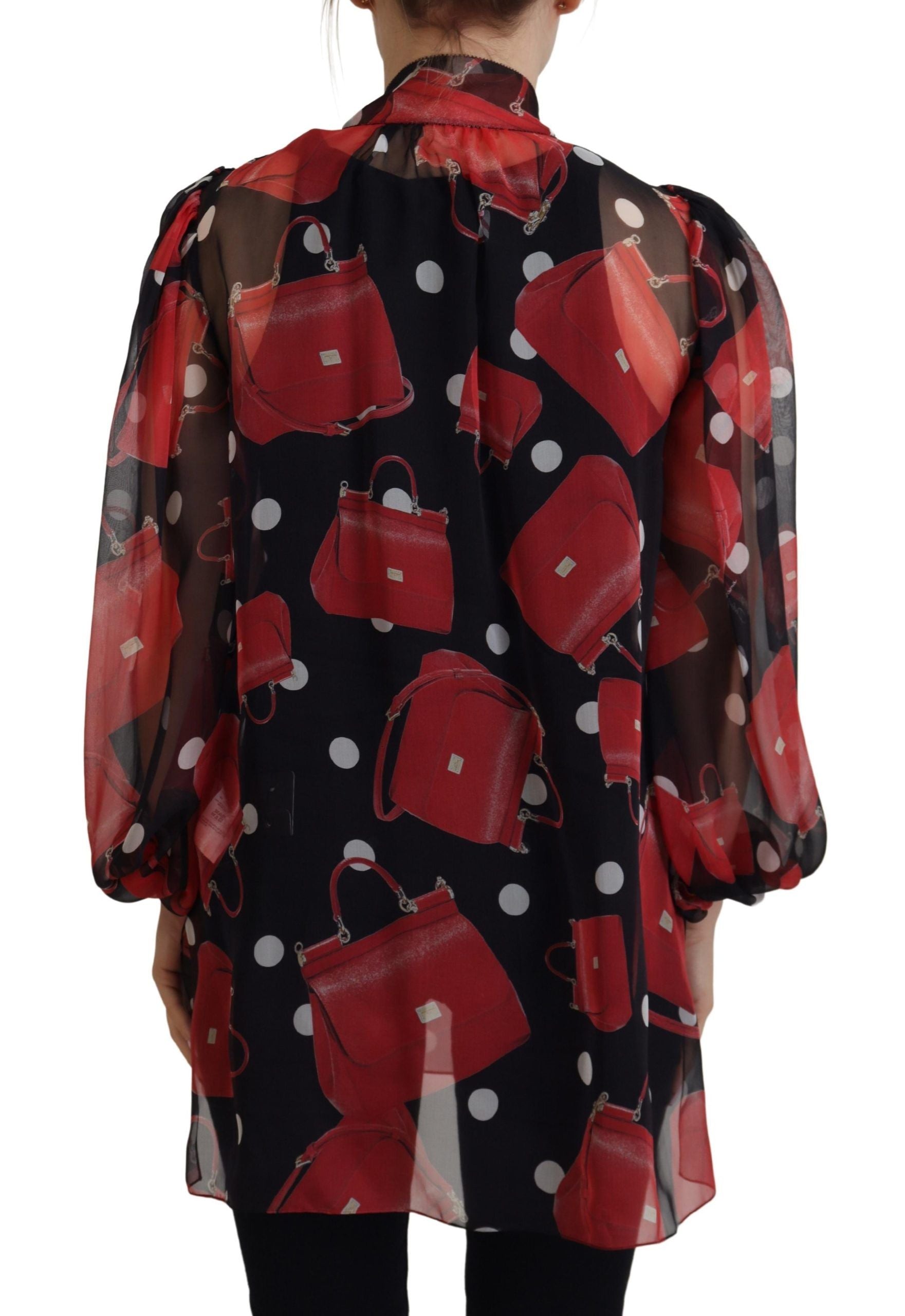 Dolce &amp; Gabbana Black Red Sicily Bag Silk Shirt Top Blouse