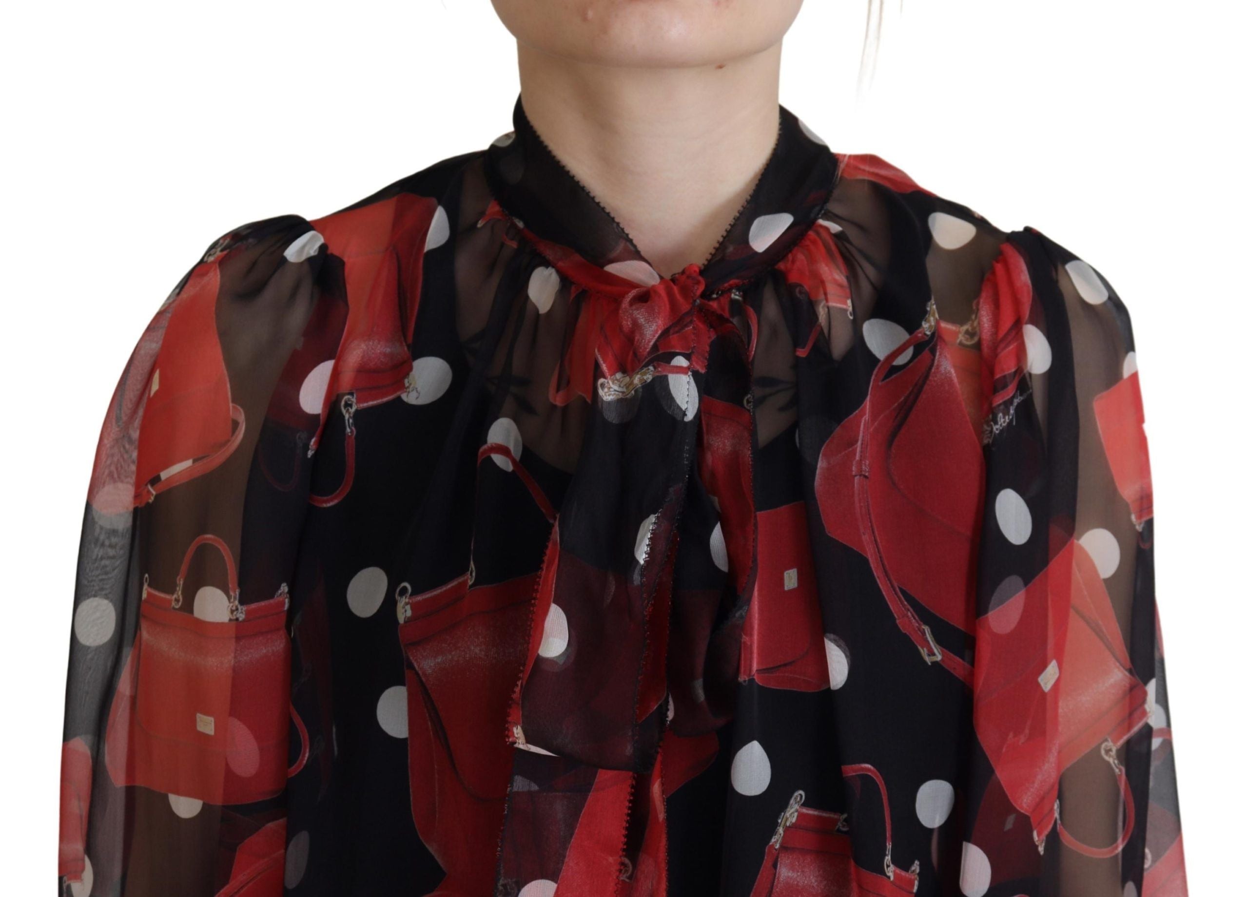 Dolce &amp; Gabbana Black Red Sicily Bag Silk Shirt Top Blouse