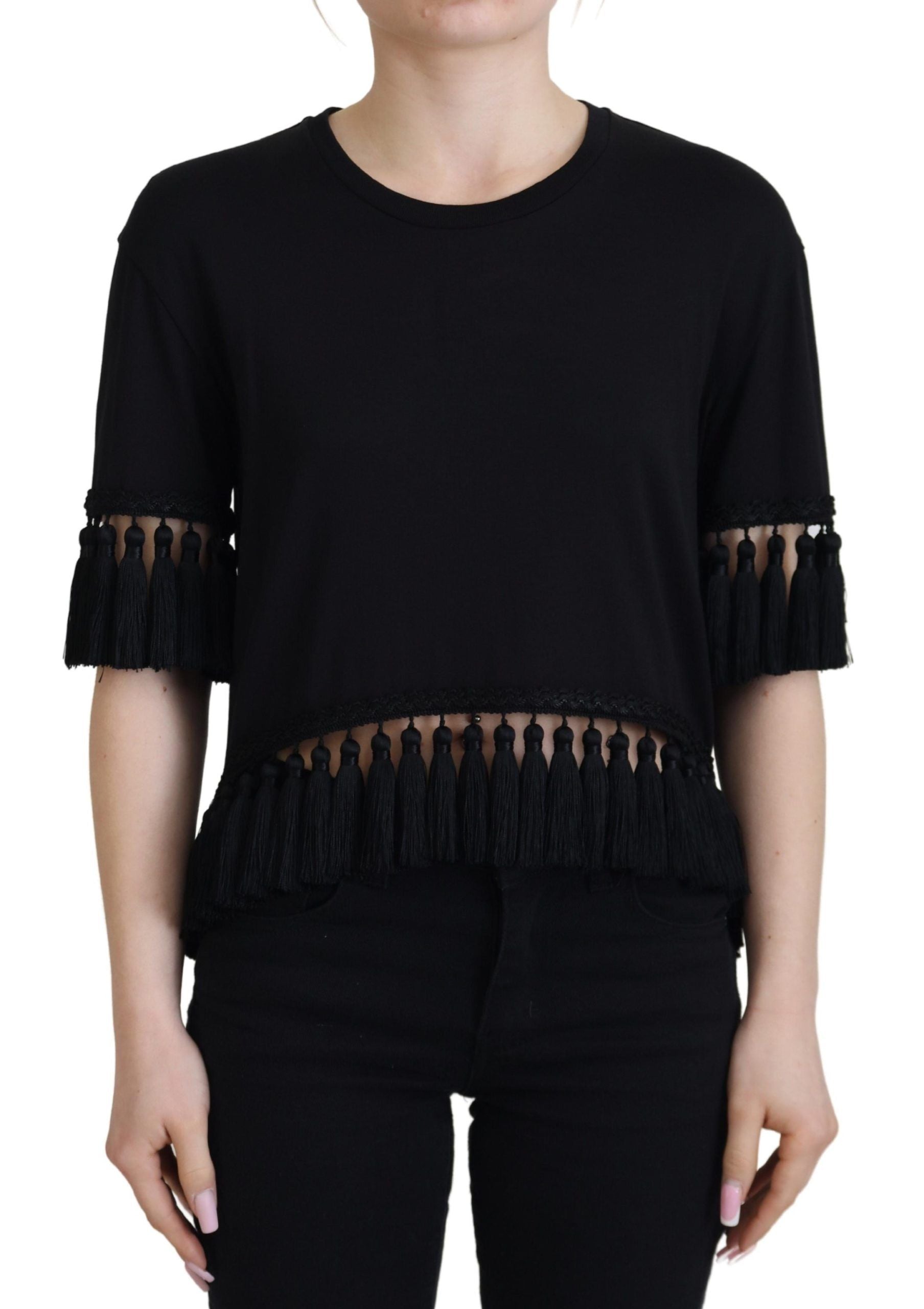 Dolce & Gabbana Schwarzes T-Shirt Bluse Tassle Baumwolle Bluse