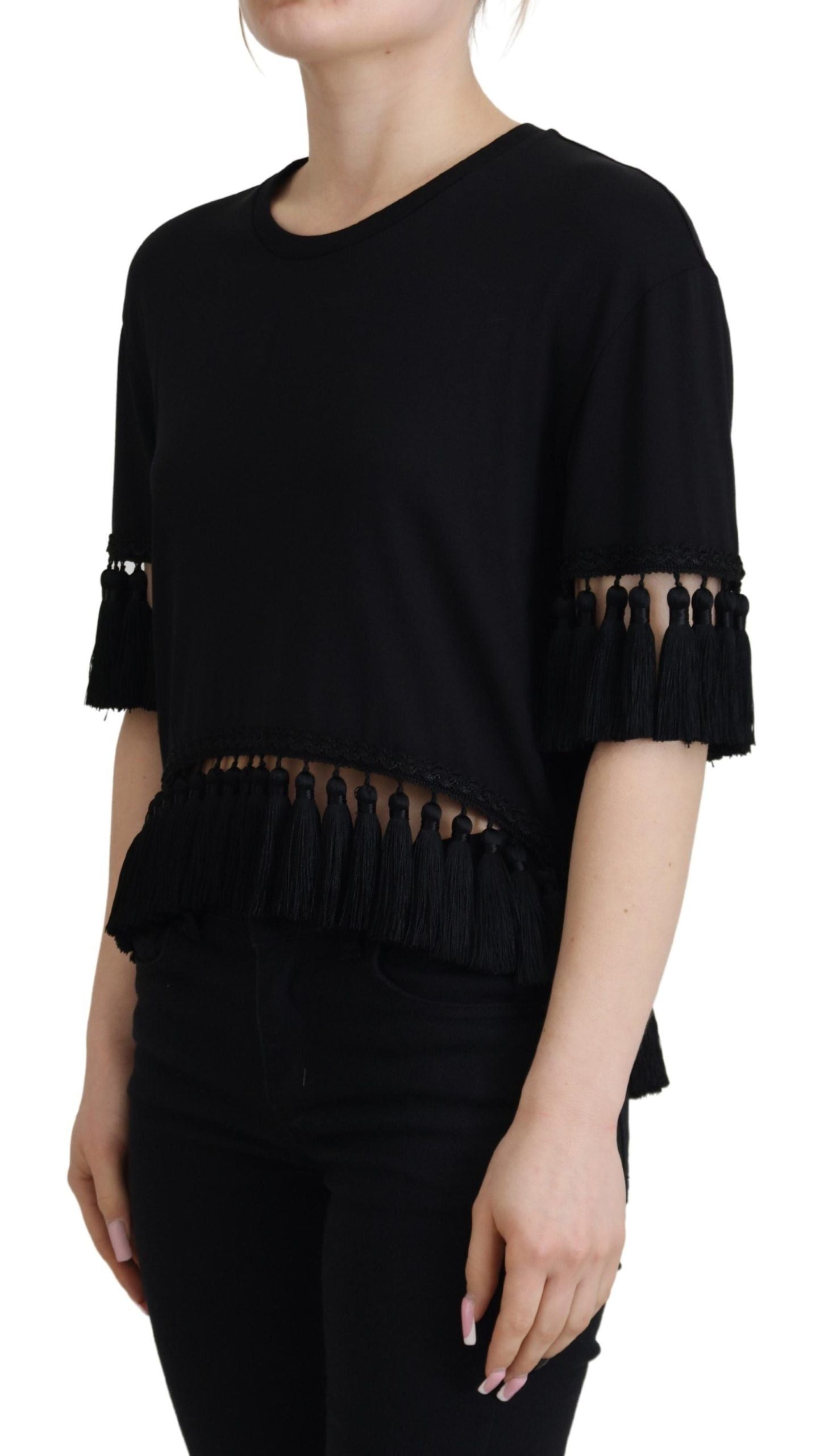 Dolce & Gabbana Schwarzes T-Shirt Bluse Tassle Baumwolle Bluse