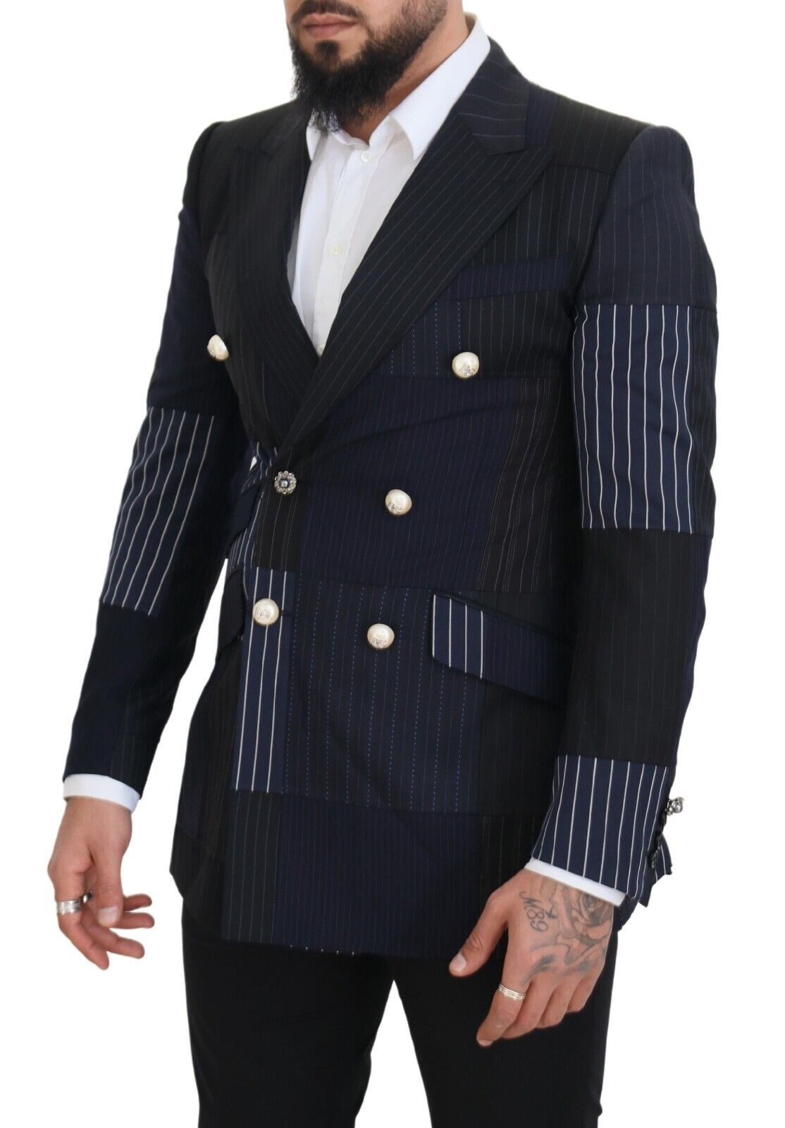 Dolce & Gabbana Blauer Woll-Patchwork-Blazer im Zweireiher