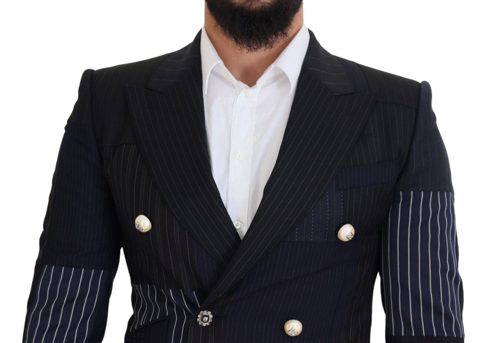 Dolce & Gabbana Blauer Woll-Patchwork-Blazer im Zweireiher