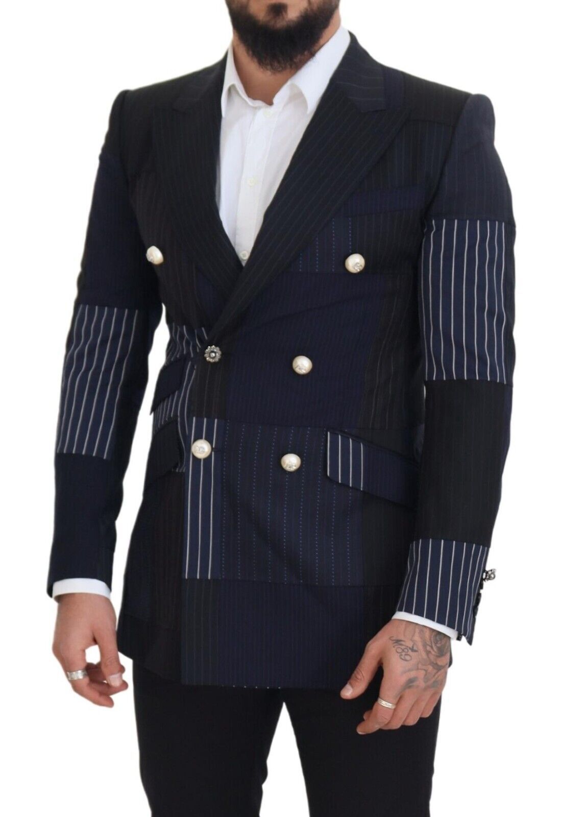 Dolce & Gabbana Blauer Woll-Patchwork-Blazer im Zweireiher