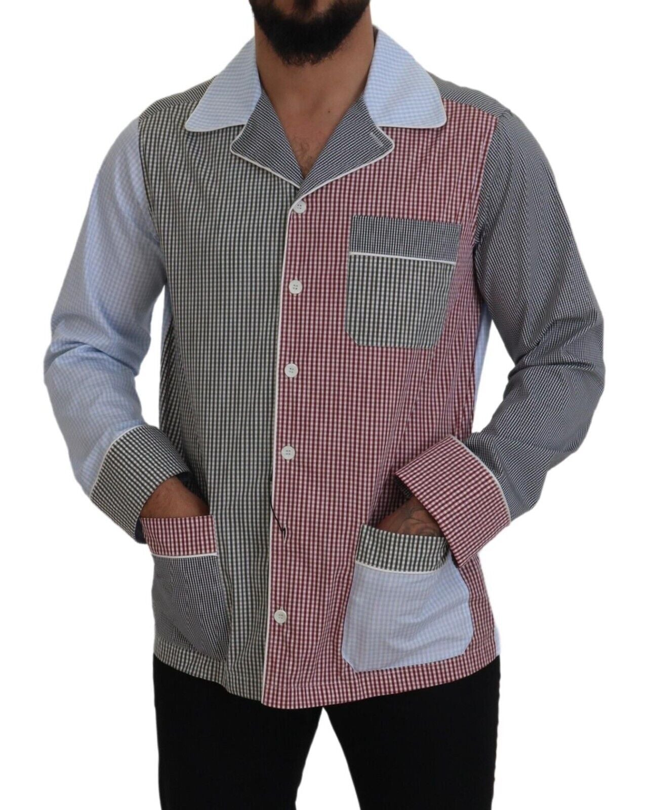 Dolce & Gabbana Multicolor Patchwork Baumwollhemd mit langen Ärmeln