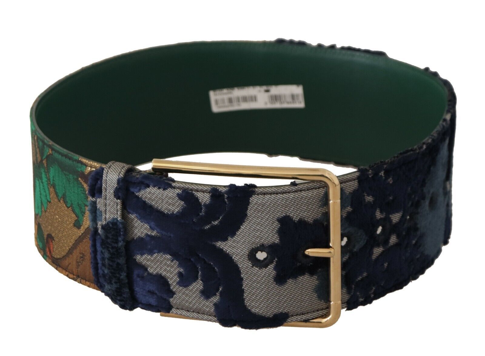 Dolce &amp; Gabbana Green Jacquard Embroidered Leather Gold Metal Belt