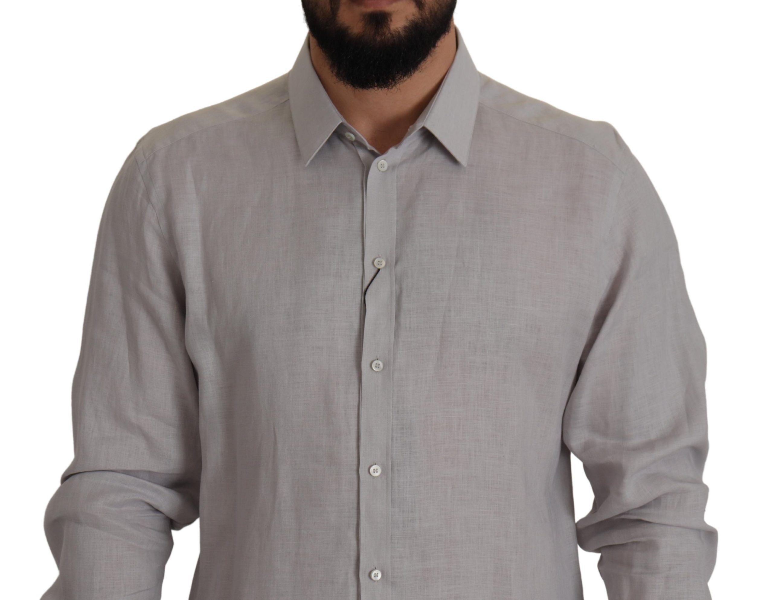 Dolce &amp; Gabbana Gray Linen Long Sleeve Shirt Formal GOLD