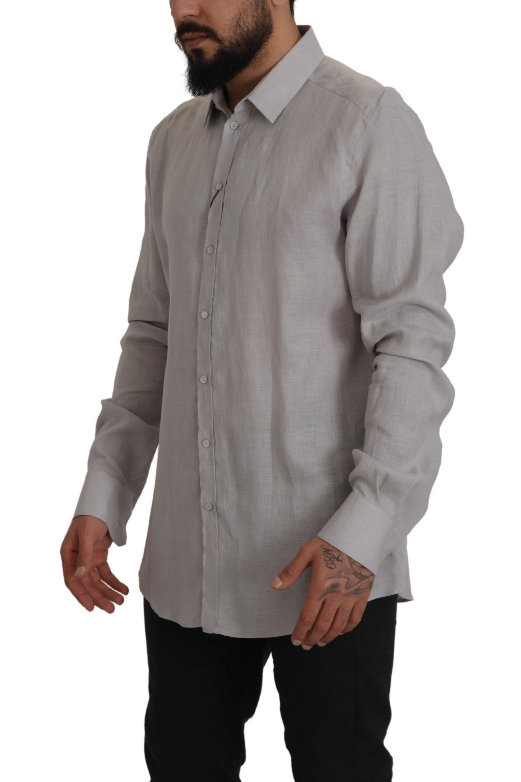 Dolce &amp; Gabbana Gray Linen Long Sleeve Shirt Formal GOLD