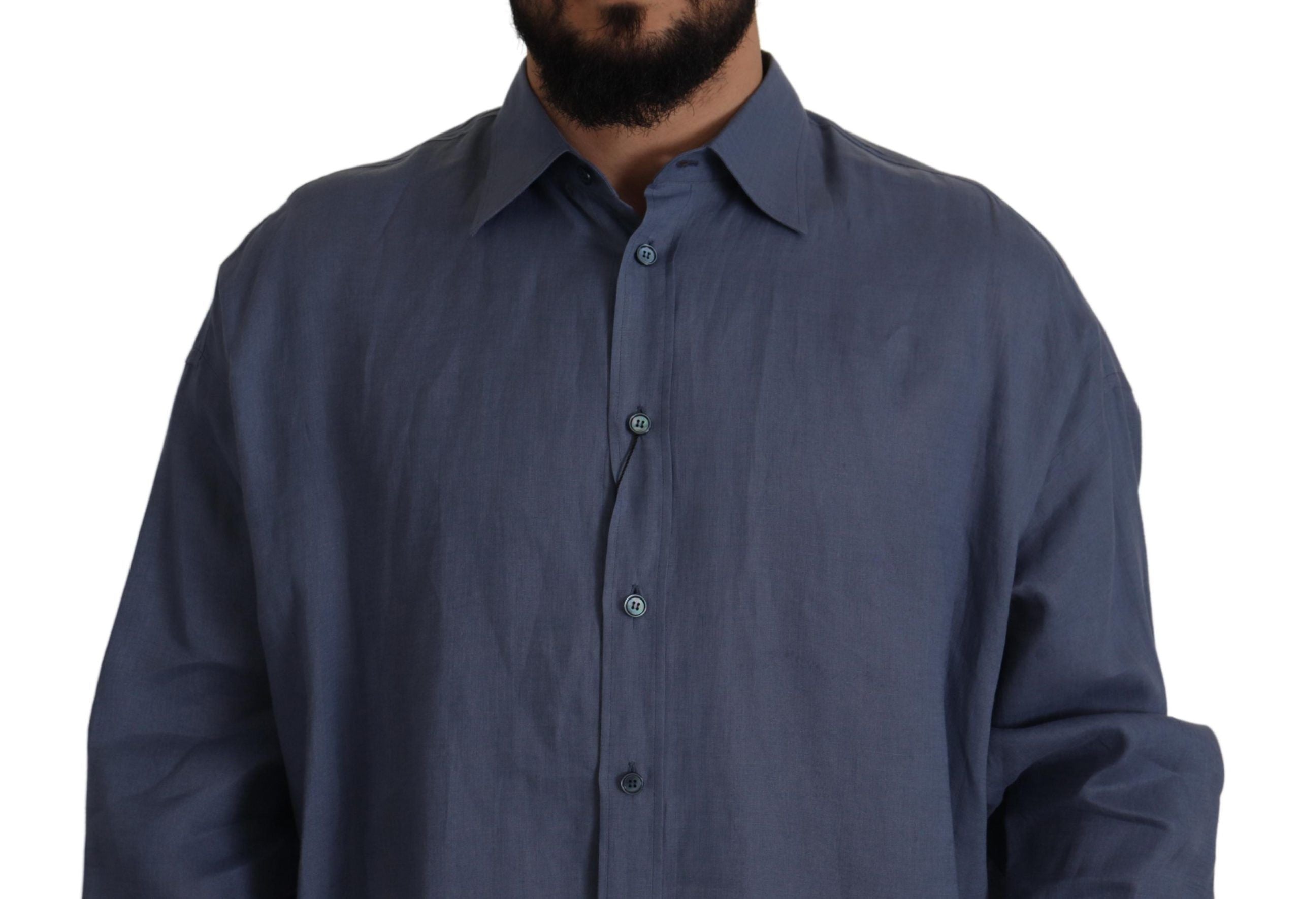 Dolce &amp; Gabbana Dark Blue Linen Slim Fit Dress Formal Men's Shirt