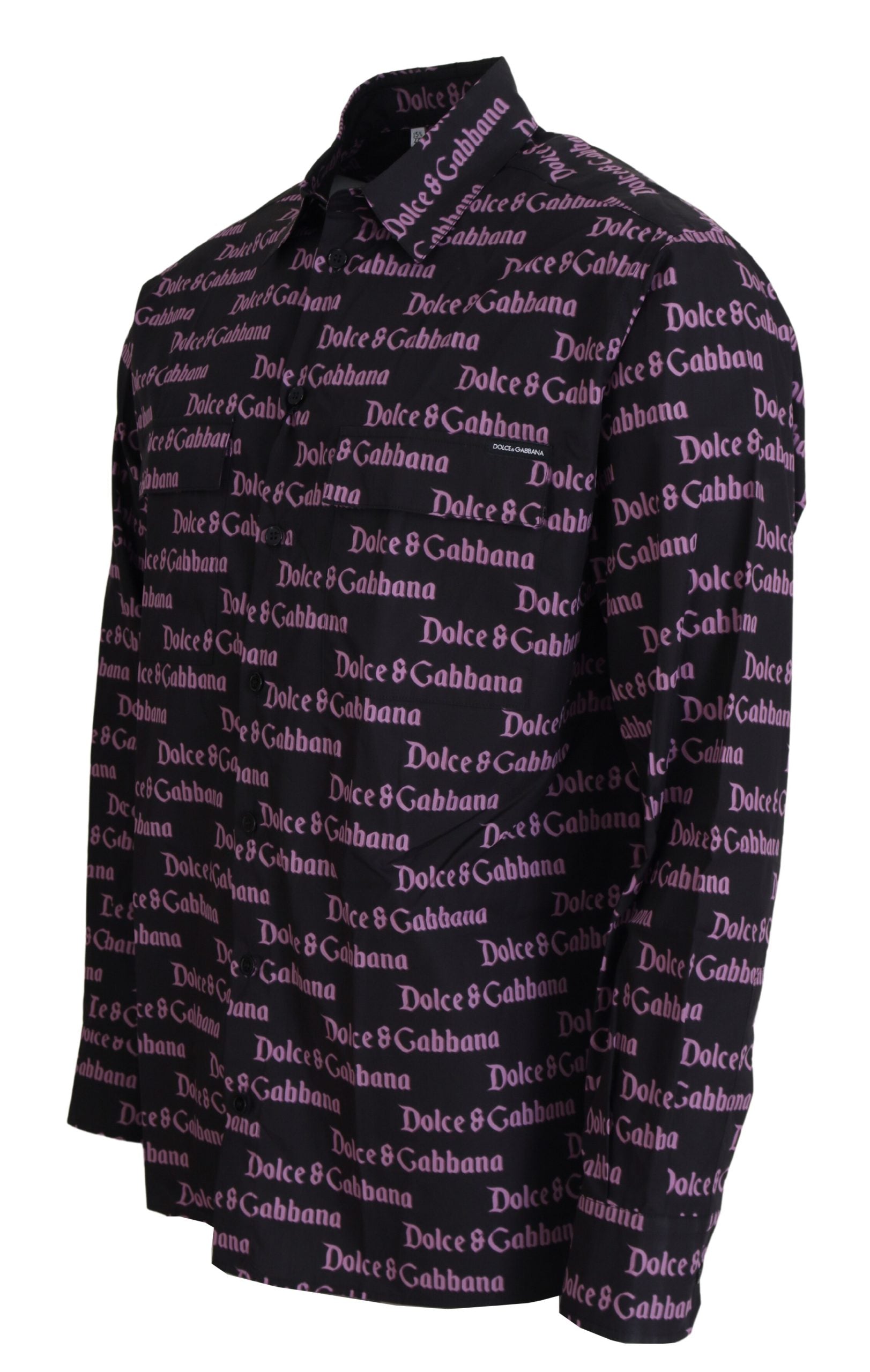 Dolce &amp; Gabbana Black Purple Logo Slim Dress Formal Shirt