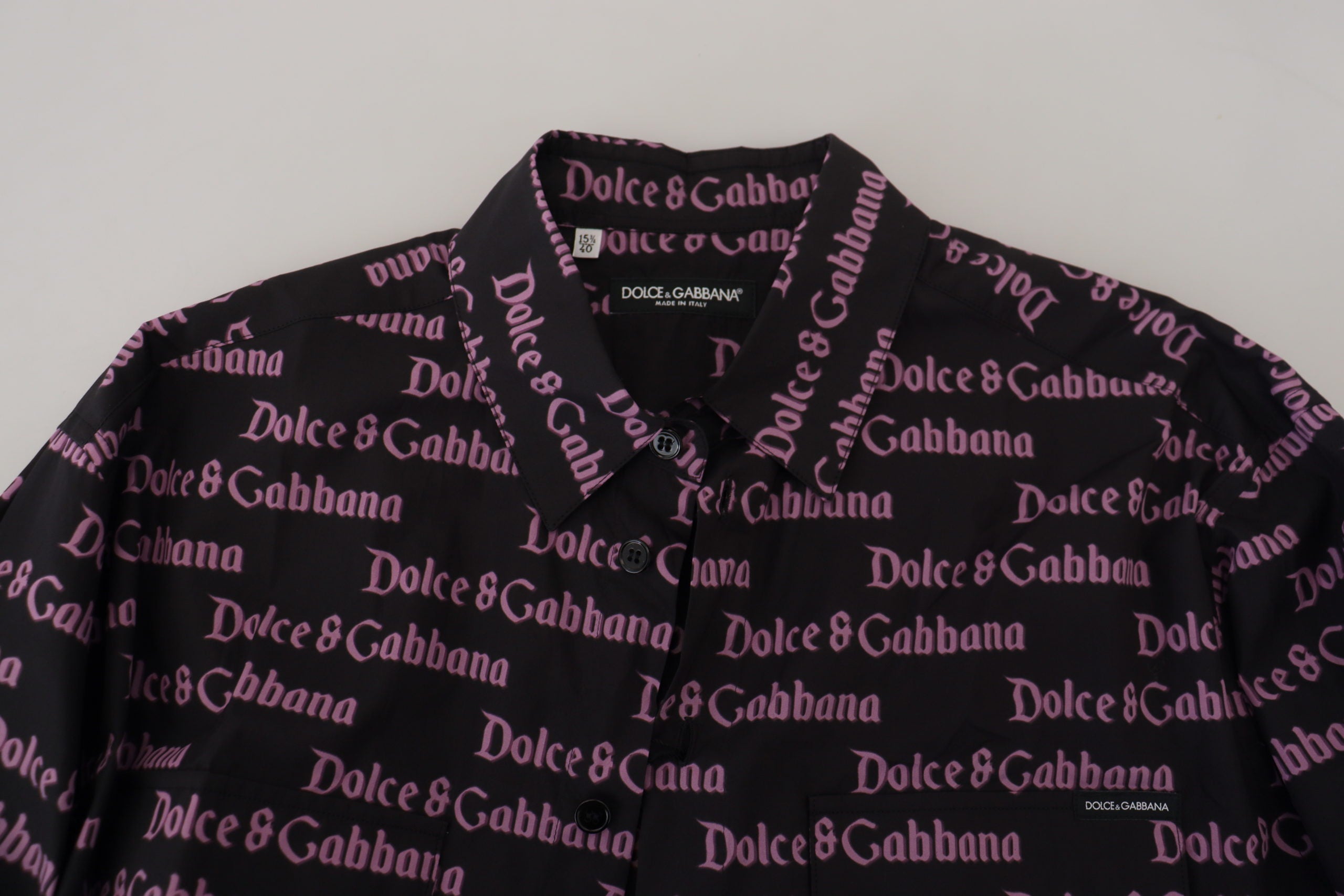 Dolce &amp; Gabbana Black Purple Logo Slim Dress Formal Shirt