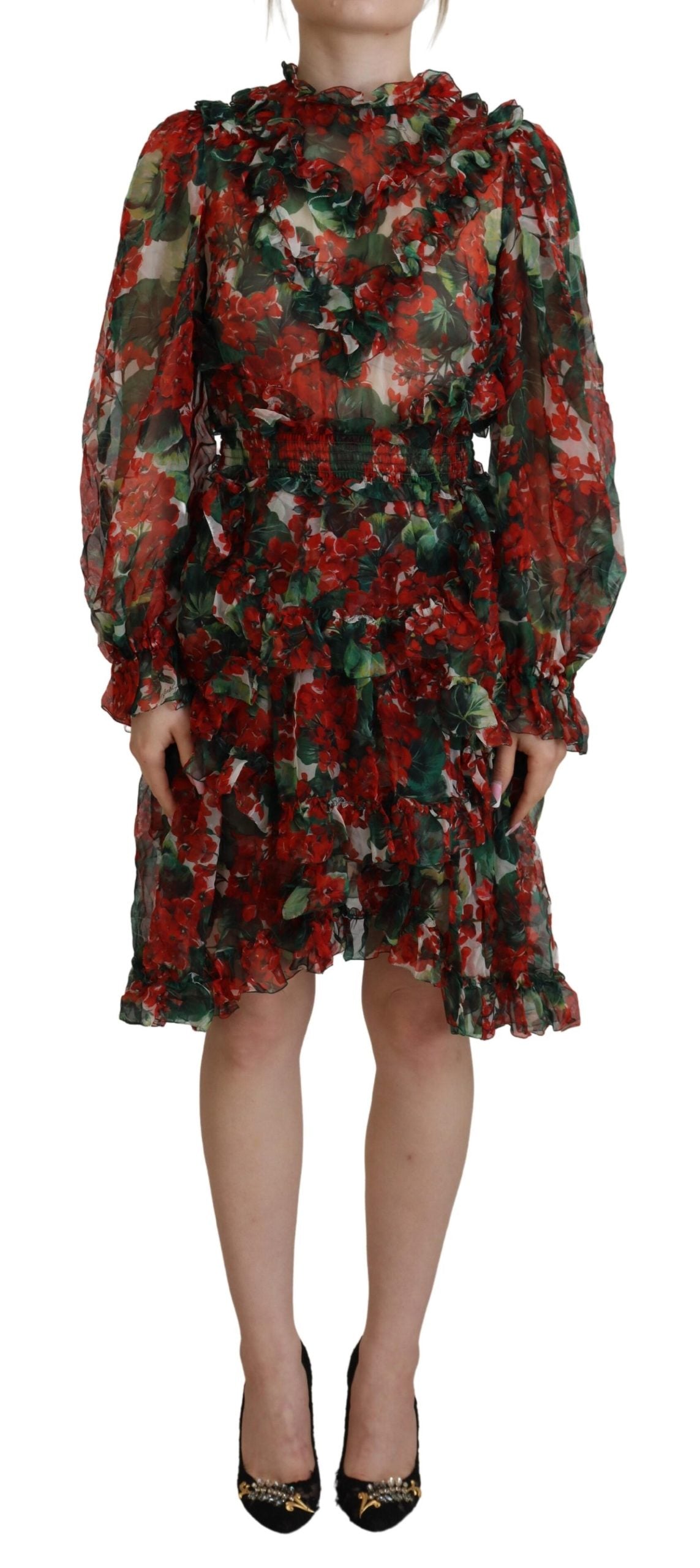 Dolce & Gabbana Multicolor Geranium A-Linie Knielanges Kleid
