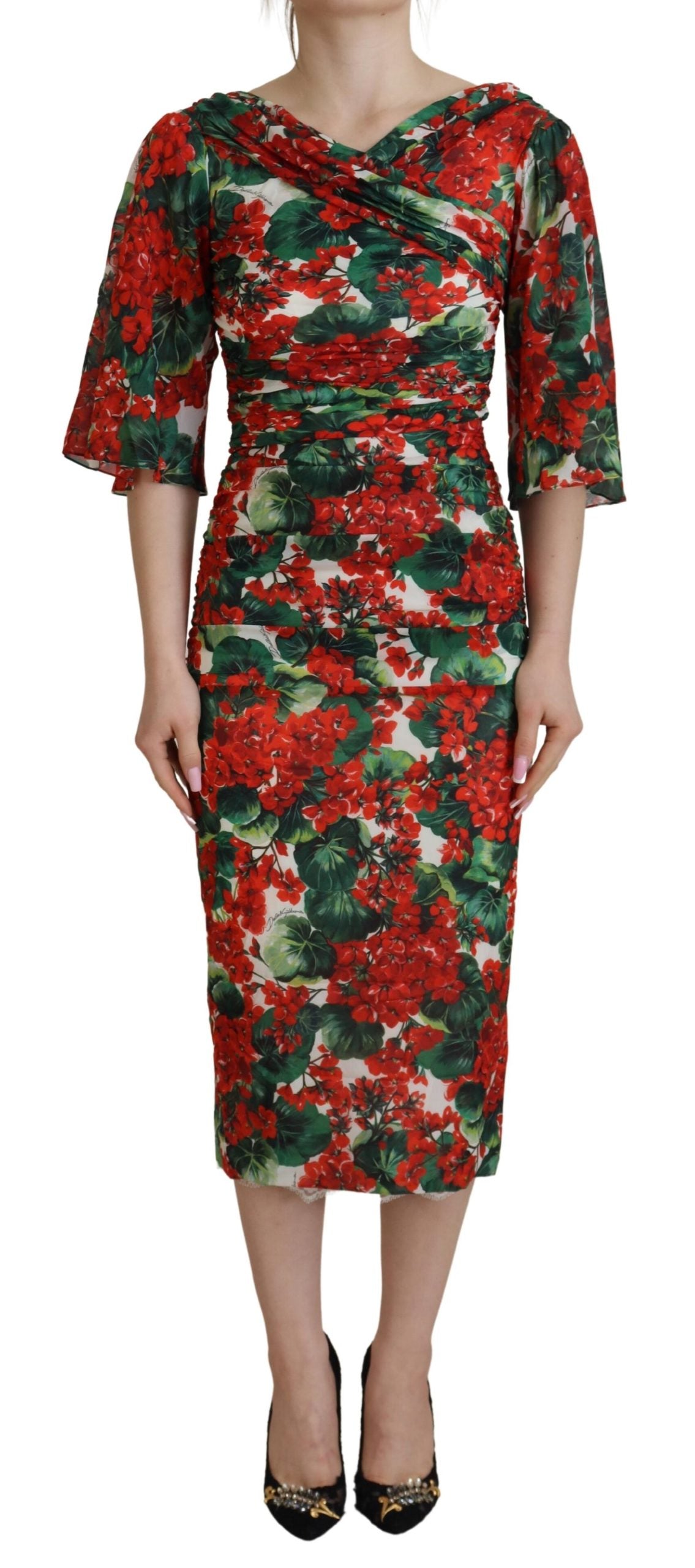 Dolce & Gabbana Multicolor Geranium Seidenmantel Midikleid