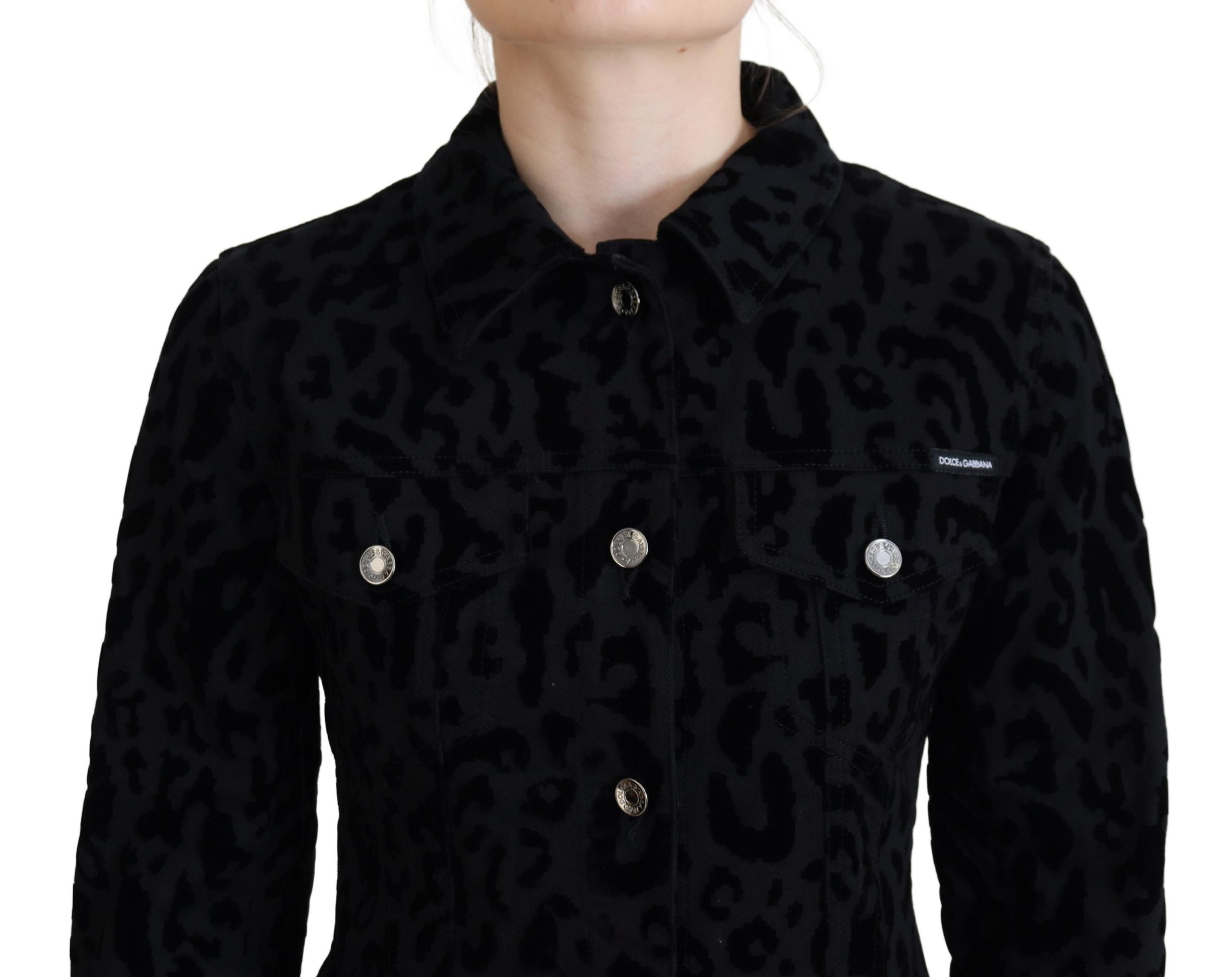 Dolce & Gabbana Schwarze Leoparden-Langarm-Jacke aus Denim-Baumwolle