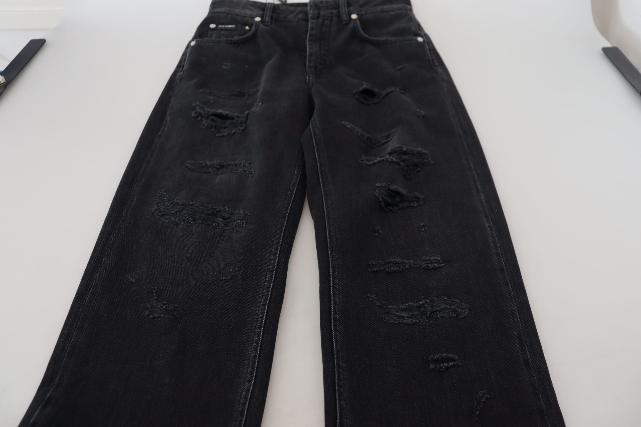 Dolce & Gabbana Schwarze zerfledderte Denim-Jeans mit hoher Taille aus Baumwolle