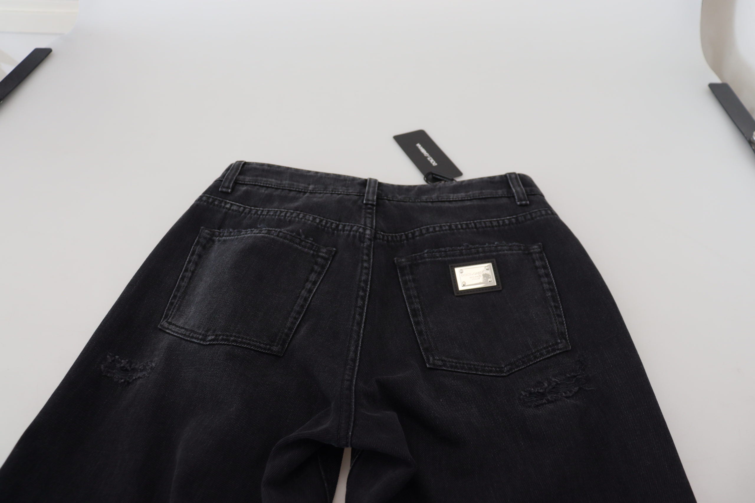 Dolce & Gabbana Schwarze zerfledderte Denim-Jeans mit hoher Taille aus Baumwolle