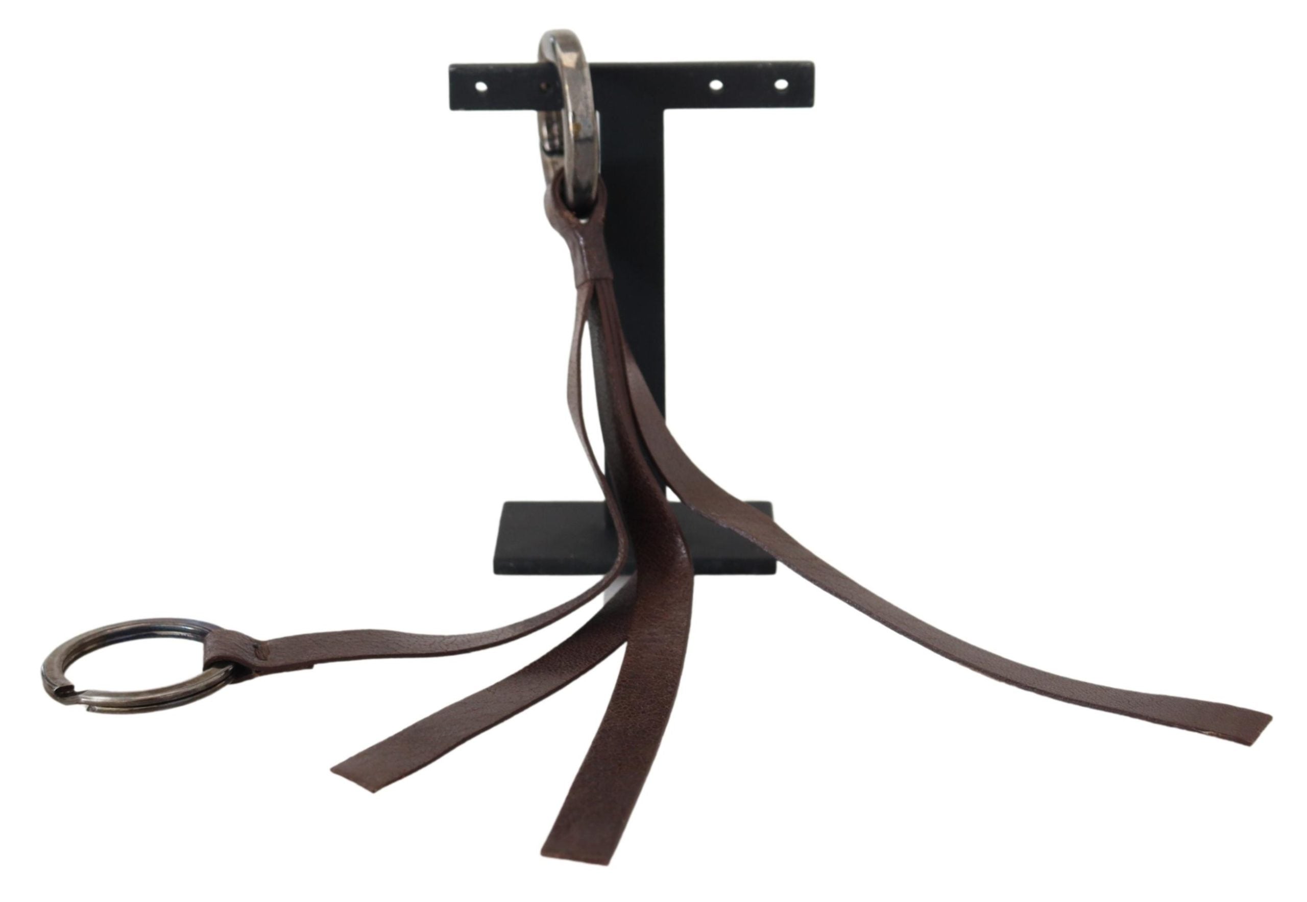 Costume National Braunes Leder Silberfarbener Metall Schlüsselanhänger