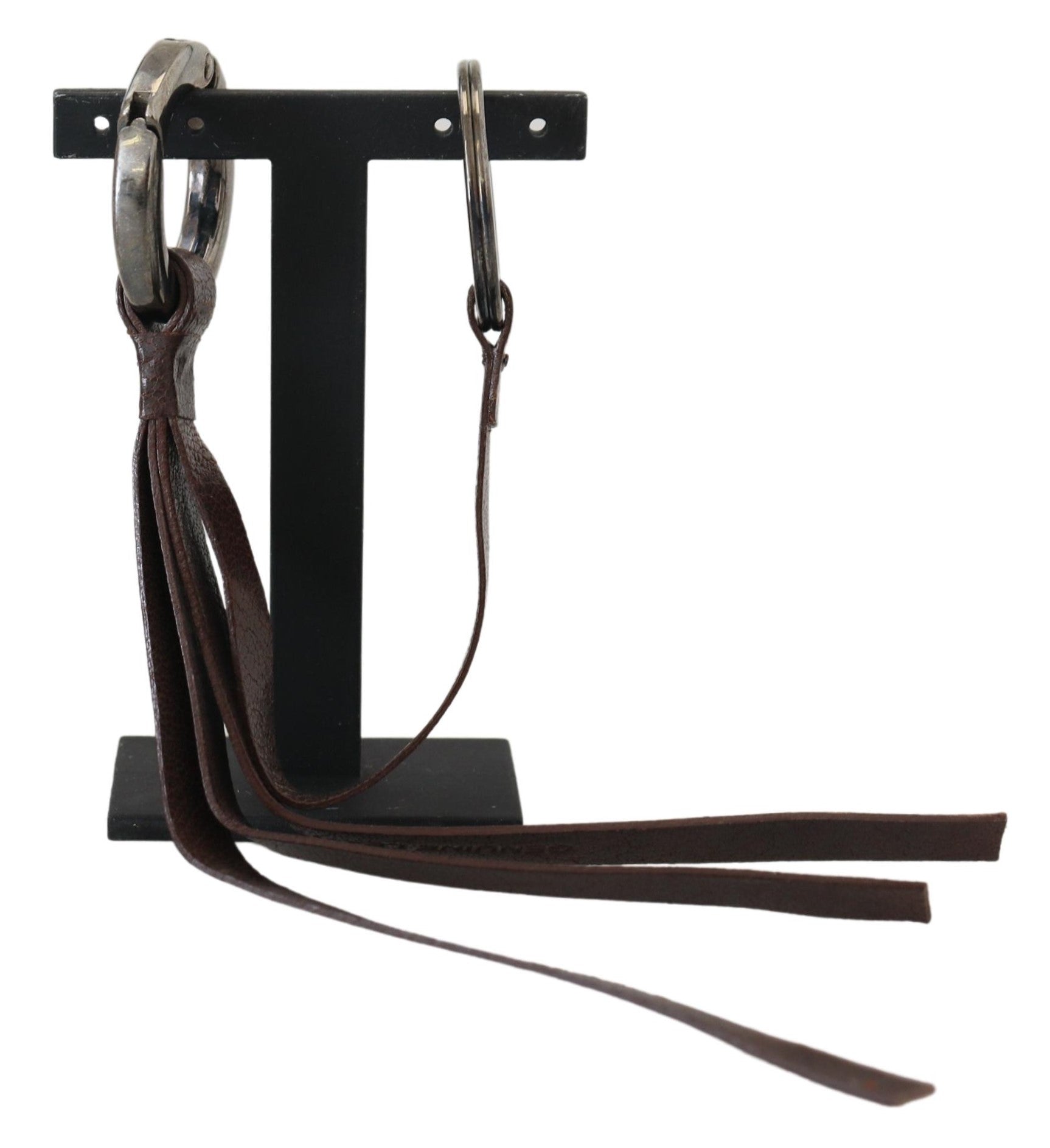 Costume National Braunes Leder Silberfarbener Metall Schlüsselanhänger