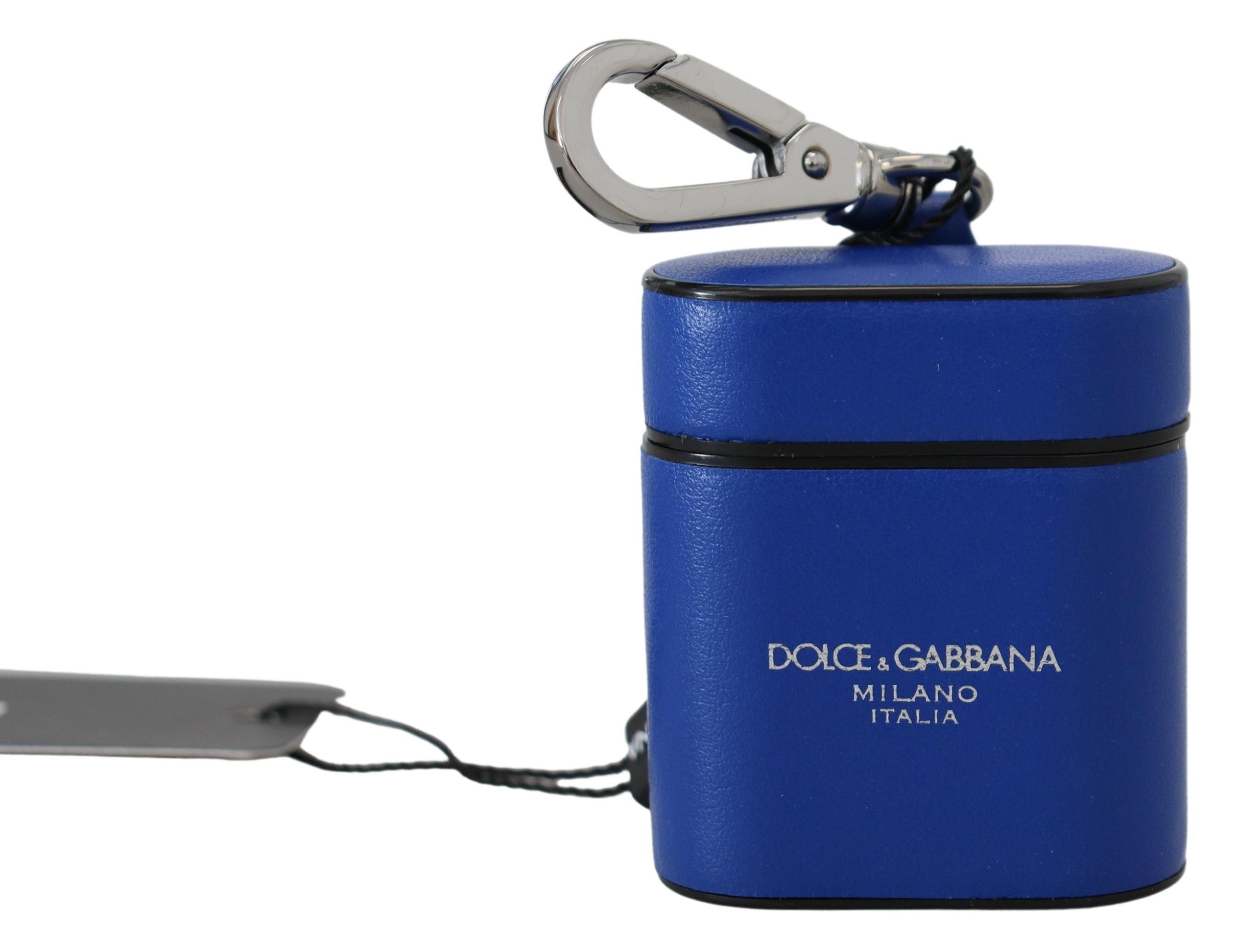 Dolce & Gabbana Blaues Leder Silber Metall Logo Airpods Etui