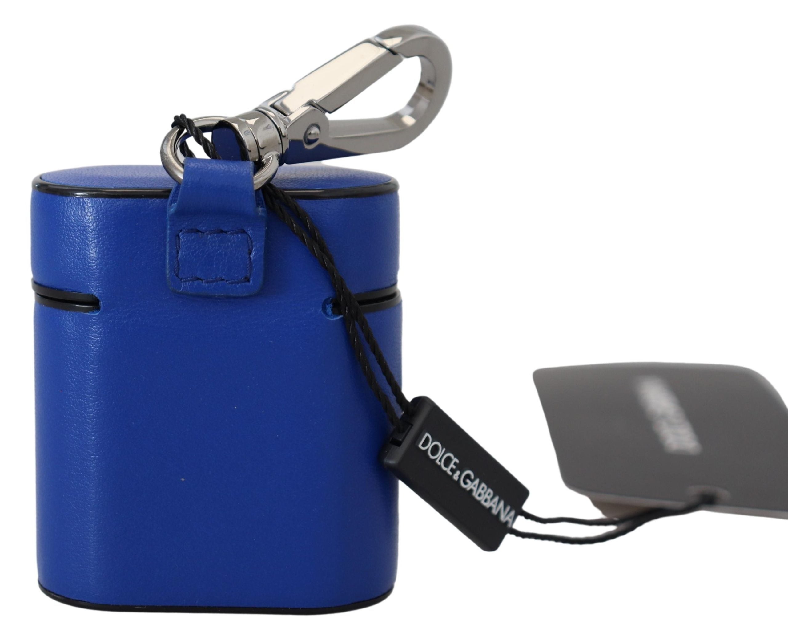 Dolce & Gabbana Blaues Leder Silber Metall Logo Airpods Etui