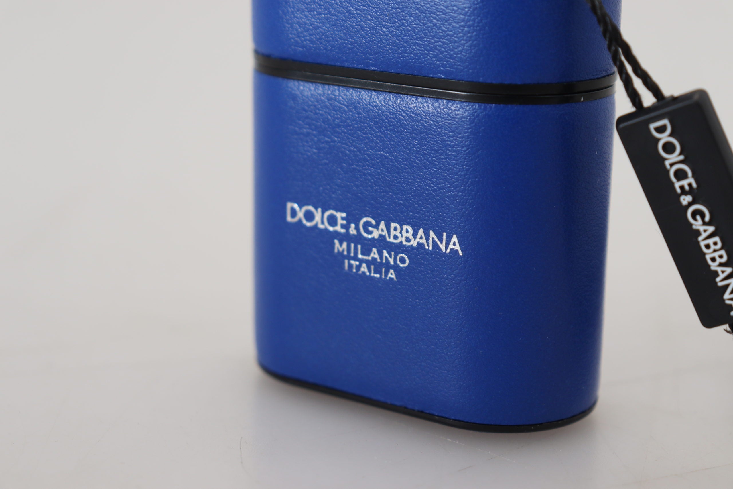 Dolce & Gabbana Blaues Leder Silber Metall Logo Airpods Etui