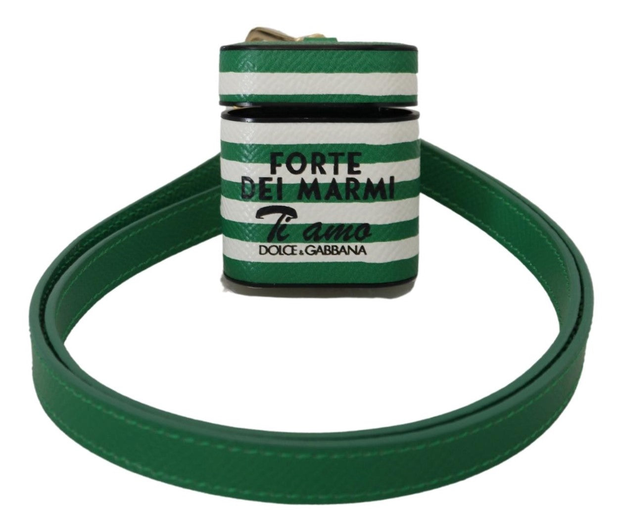 Dolce & Gabbana Grüner Lederriemen Gold Metall Logo Airpods Hülle