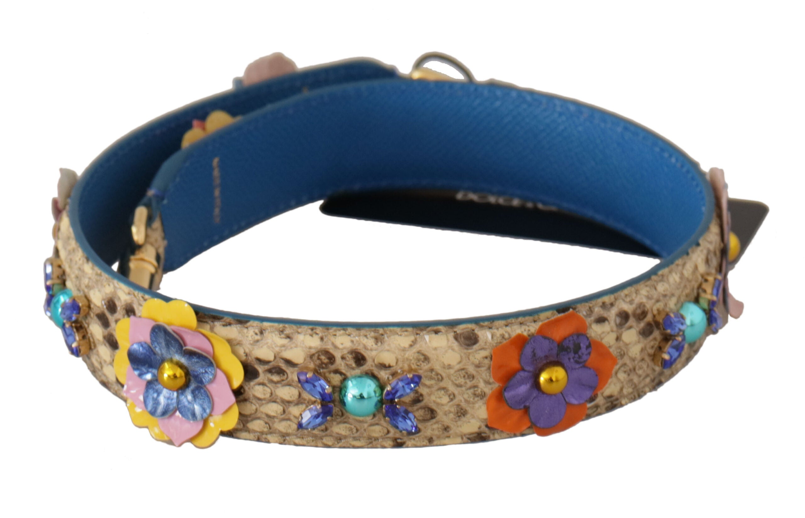 Dolce &amp; Gabbana beige python leather shoulder strap with floral studs