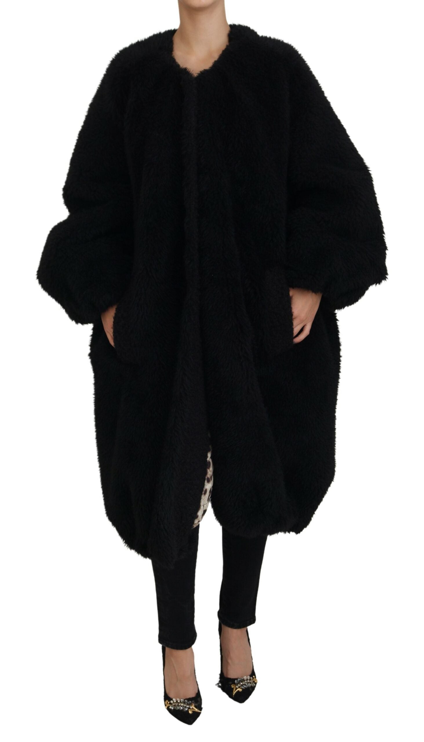 Dolce &amp; Gabbana black cashmere-blend faux fur coat