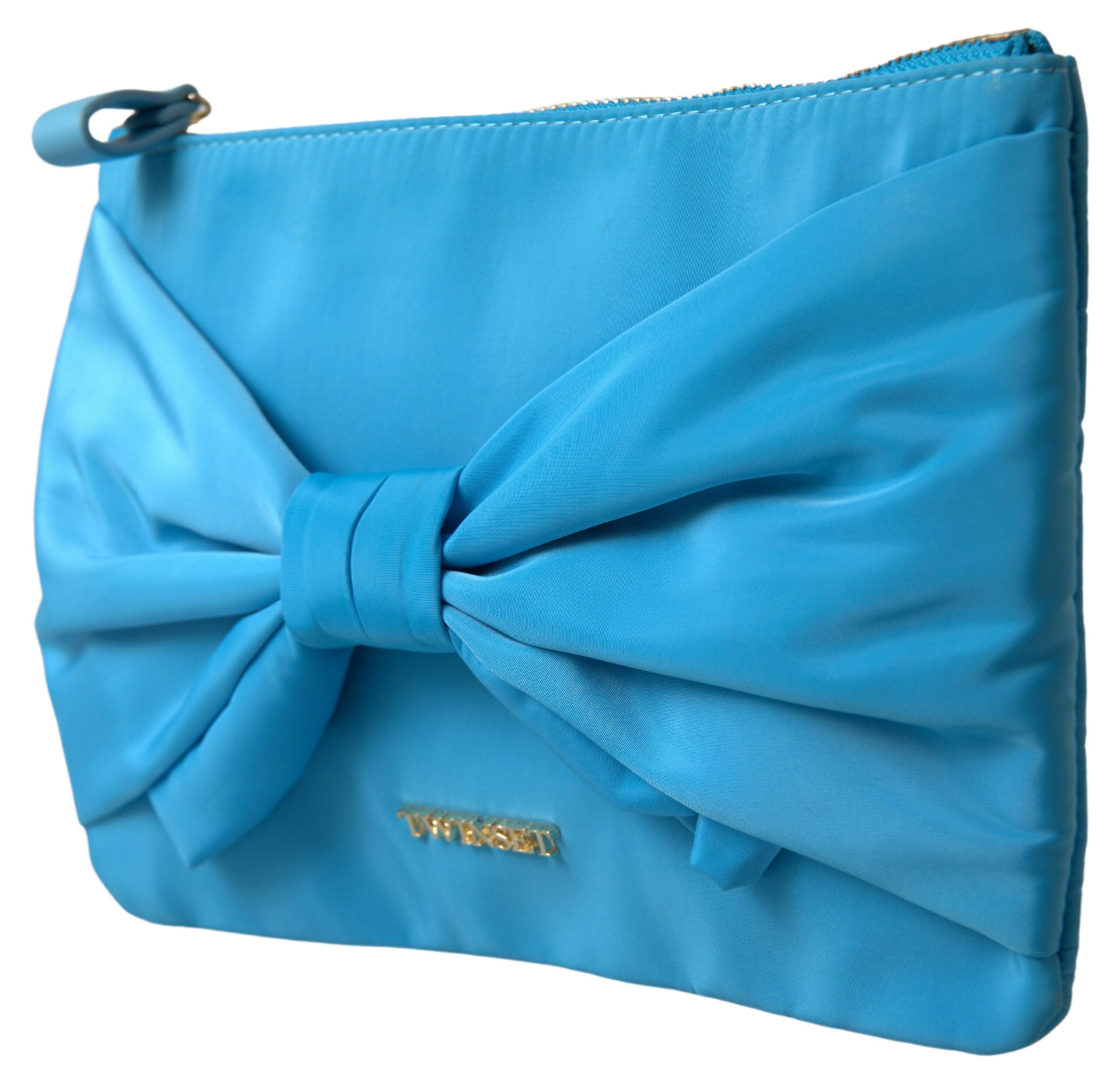 Twinset Blau Tafta Seide Große Schleife Reißverschluss Clutch Frauen Borse Logo Tasche