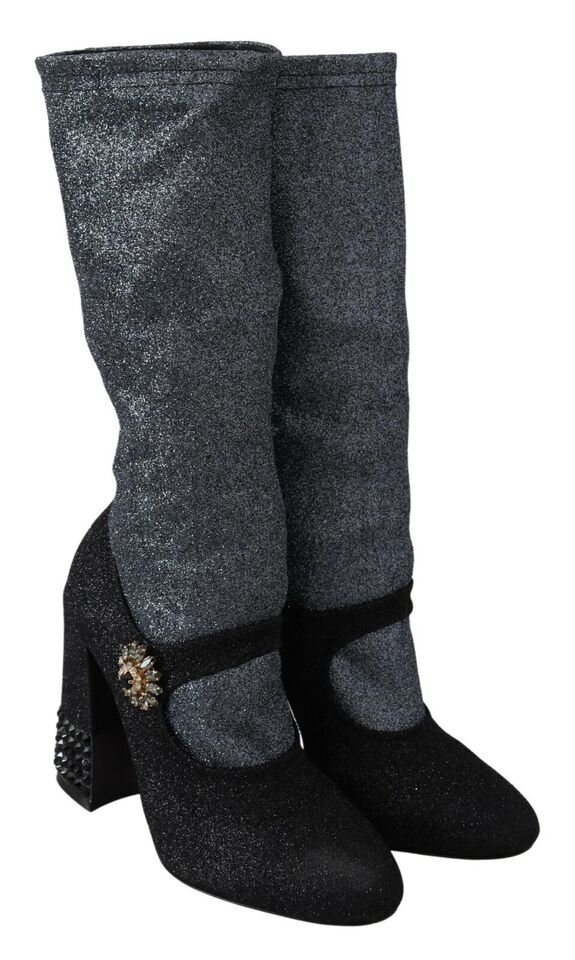 Dolce &amp; Gabbana Black Crystal Mary Janes Booties Shoes