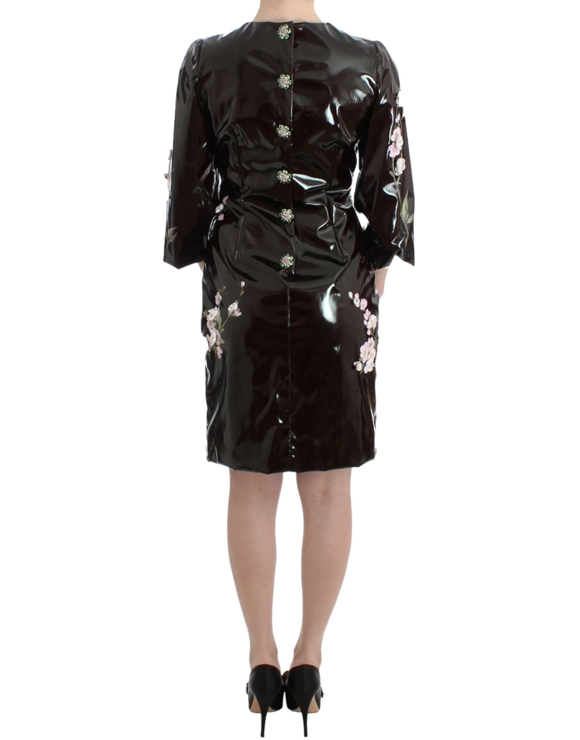 Dolce & Gabbana Schwarzes Lackkleid mit Blumen HANDPAINTED