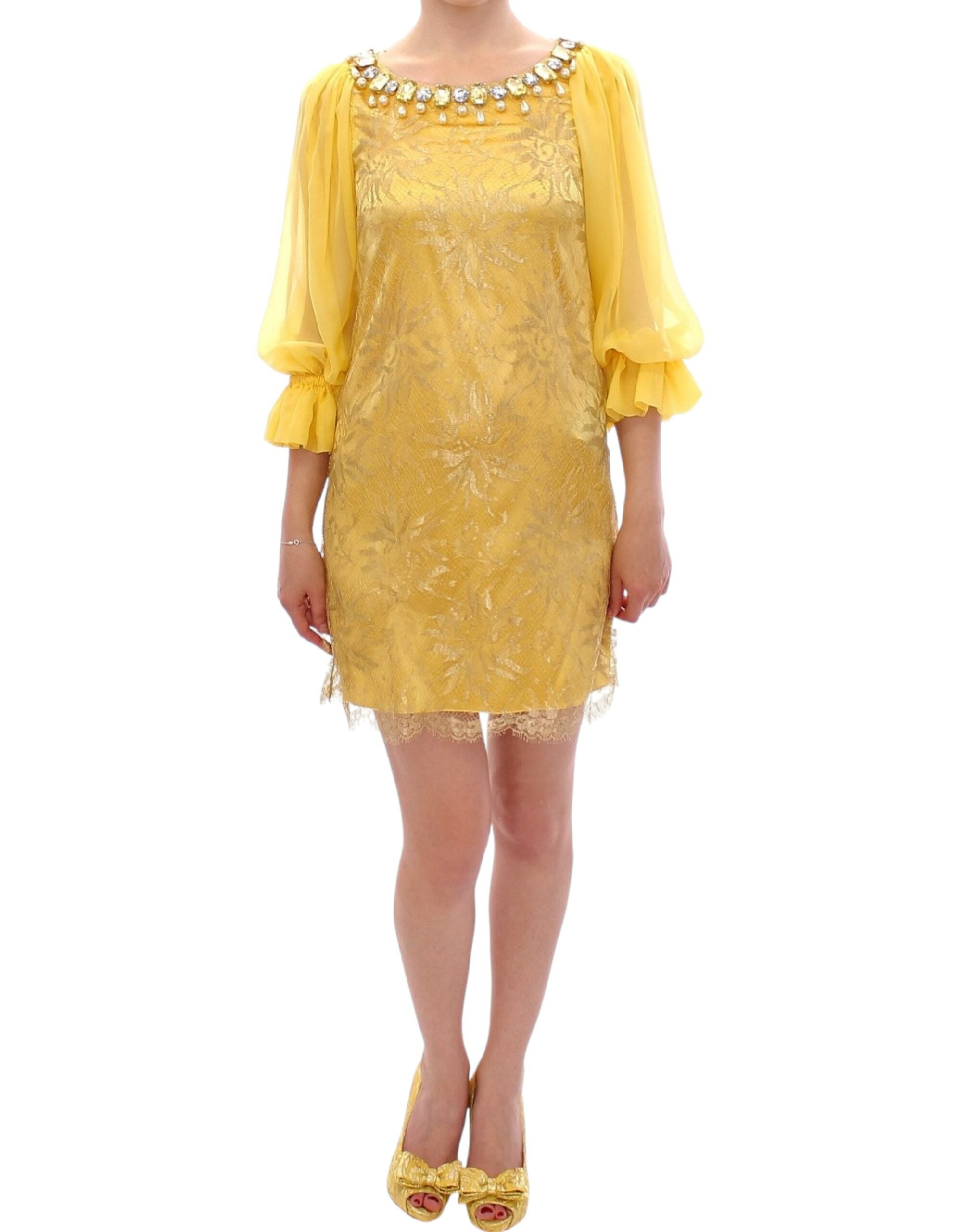 Dolce &amp; Gabbana Yellow Lace Crystal Mini Dress
