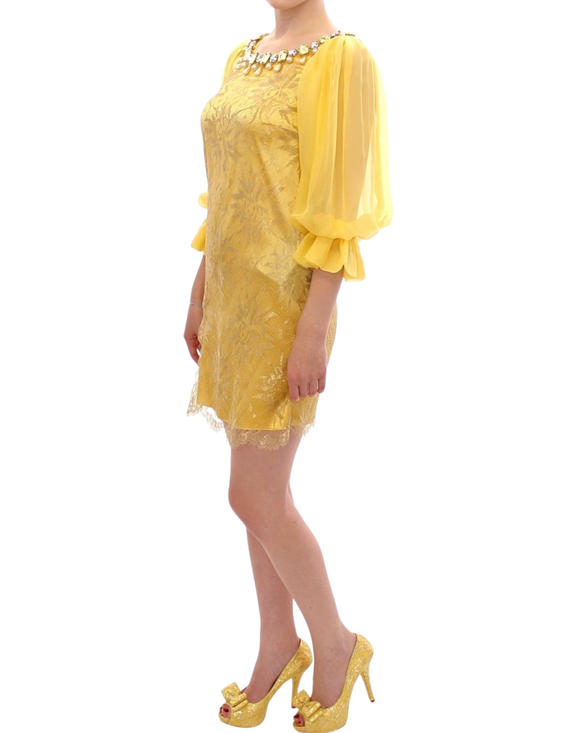 Dolce &amp; Gabbana Yellow Lace Crystal Mini Dress