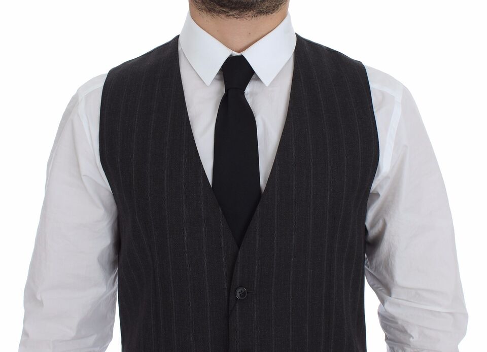 Dolce &amp; Gabbana Gray Striped Wool Logo Vest Gilet Waistcoat