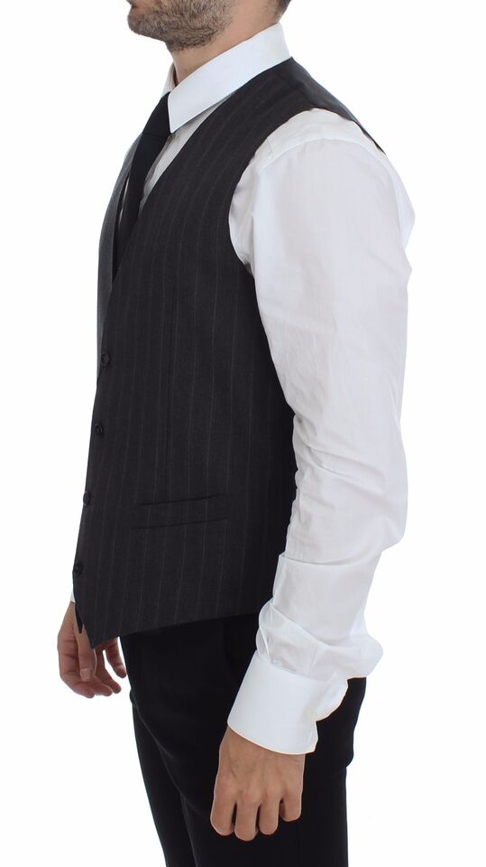 Dolce &amp; Gabbana Gray Striped Wool Logo Vest Gilet Waistcoat