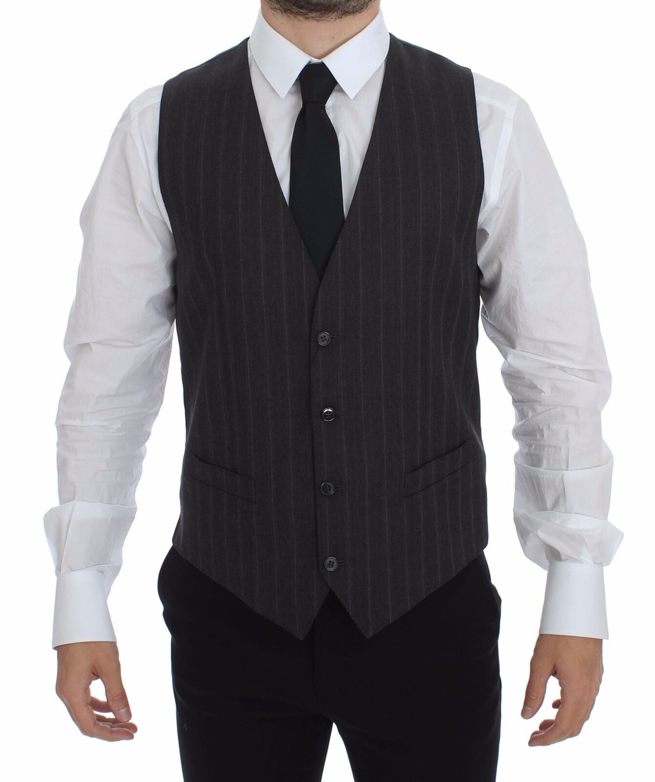 Dolce &amp; Gabbana Gray Striped Wool Logo Vest Gilet Waistcoat