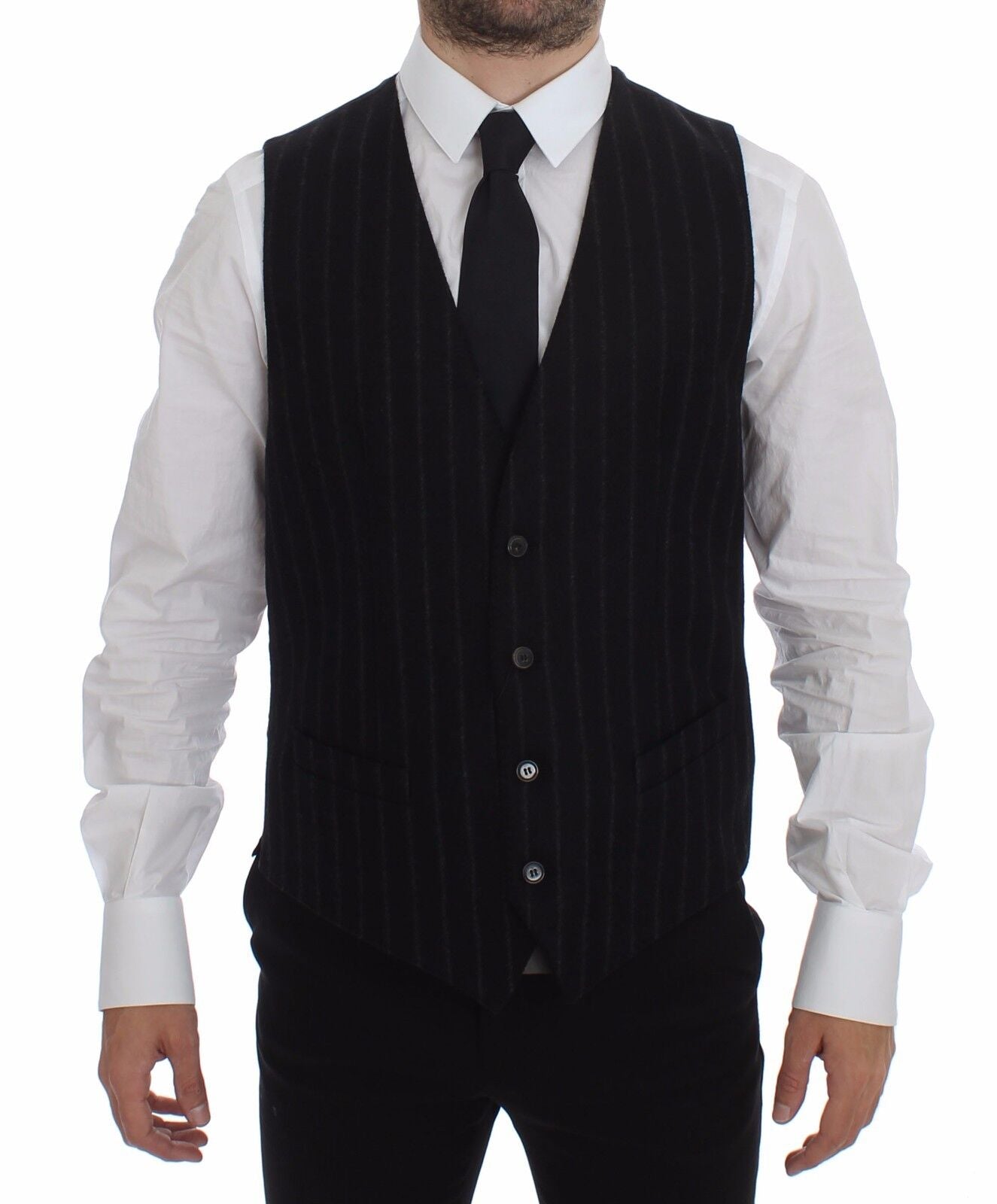Dolce &amp; Gabbana Black Striped Wool Vest Logo Gilet Vest