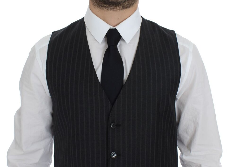 Dolce &amp; Gabbana Gray Striped Wool Logo Vest Gilet Waistcoat