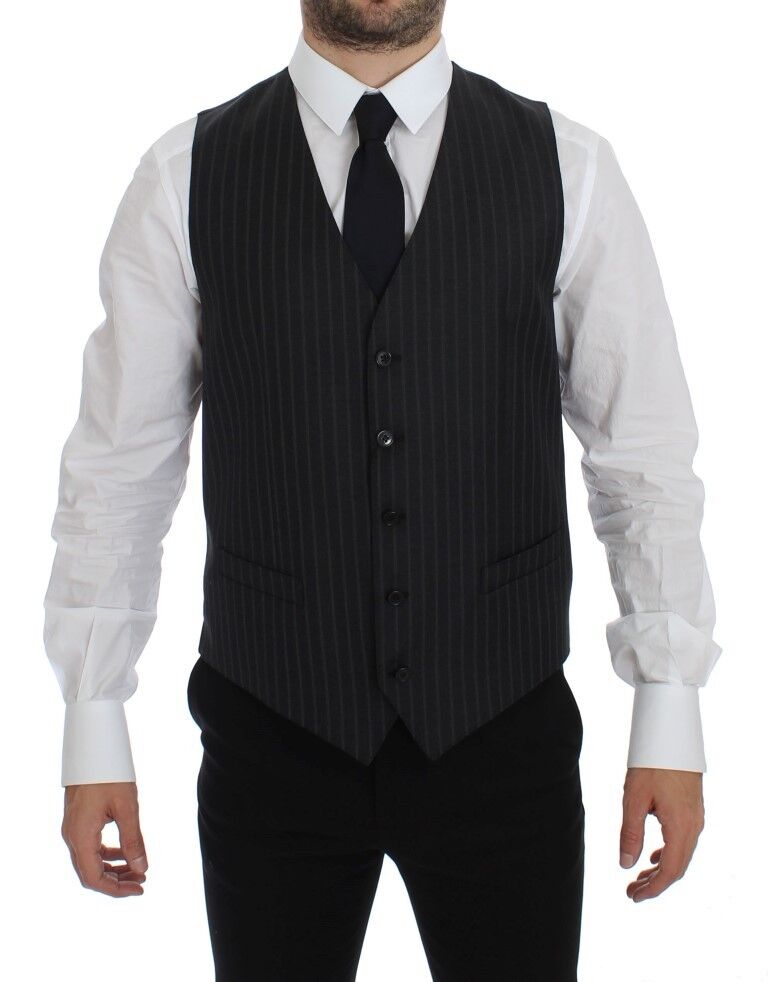 Dolce &amp; Gabbana Gray Striped Wool Logo Vest Gilet Waistcoat